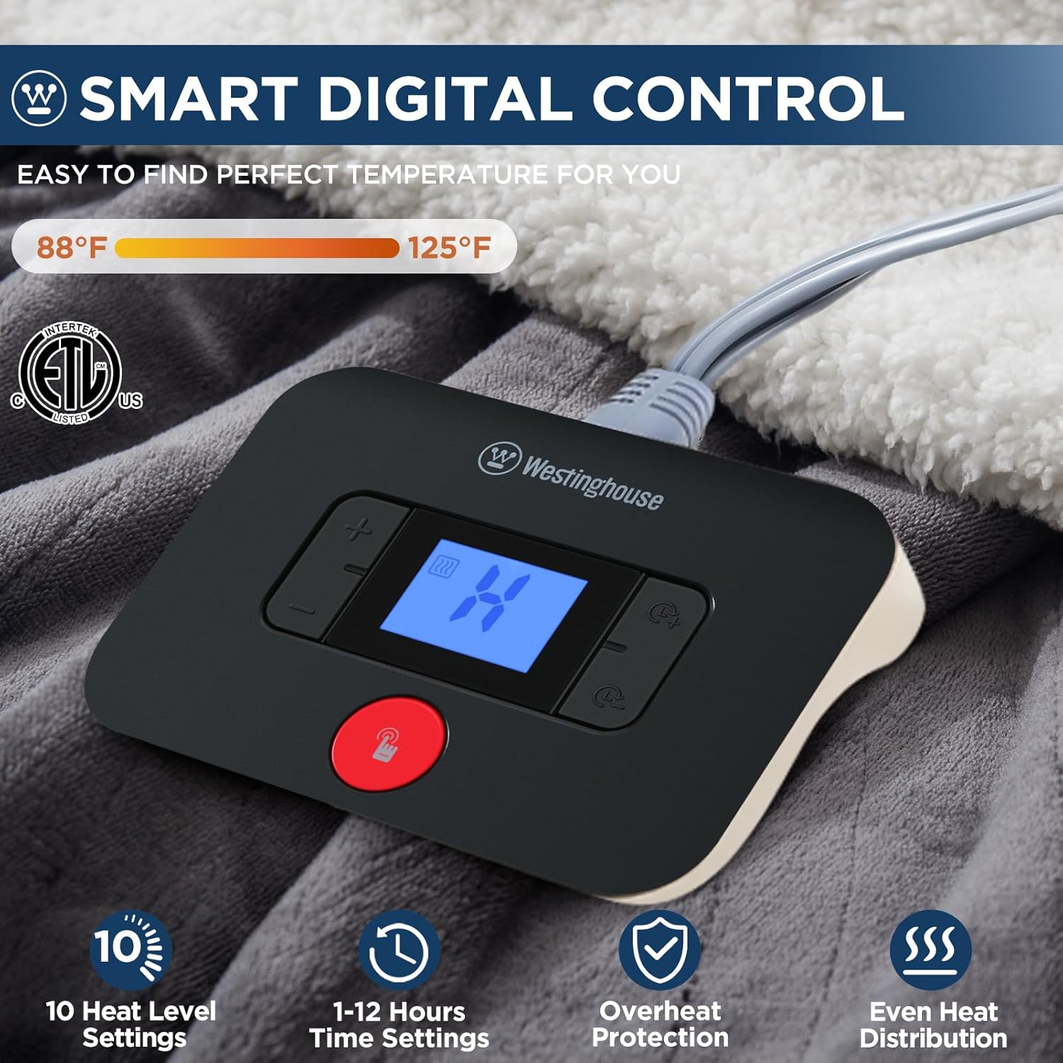 westinghouse electric blanket full, heated blanket full size with 10 heating levels and 1 to 12 hours heating time settings, flannel to sherpa reversible, machine washable (80" x 84", charcoal) charcoal full 80"x84"
