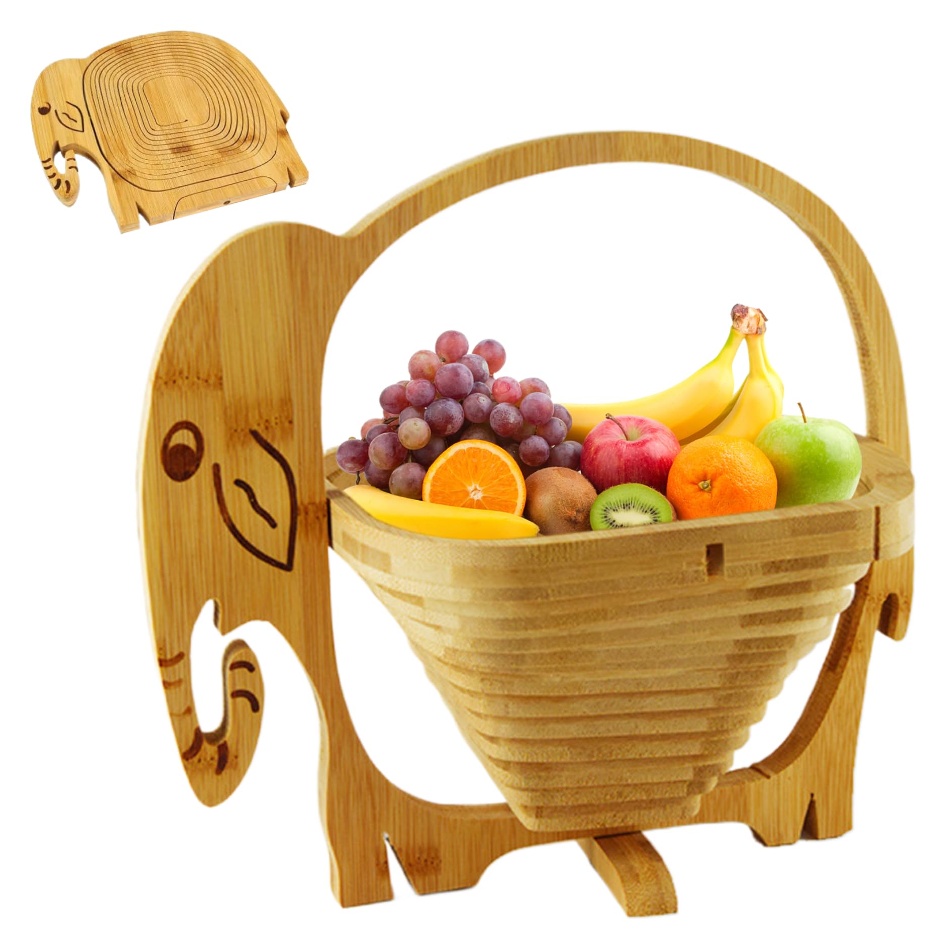 Cesta de frutas plegable de bambú natural con original diseño de elefante para cocina