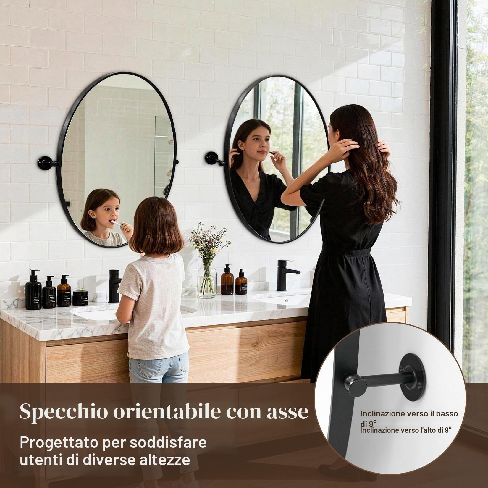 Specchio Angolo Arrotondato Girevole ±9° Telaio in lega di alluminio 50x70cm Nero Ovale
