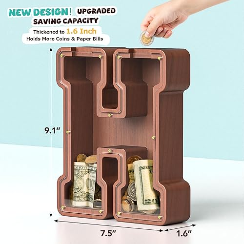 Miniatura 96 de SummiDate Alcancía de madera con nombre, niños y niñas, tamaño grande, letras alfabeto A-Z, monedas y billetes, inicial en cubierta transparente