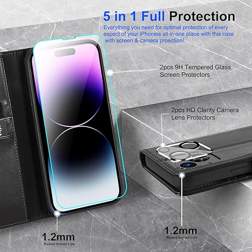 Miniatura 3 de Funda tipo cartera 5 en 1 para iPhone 14 con soporte para tarjetas, funda magnética de piel sintética con bloqueo RFID, con 2 protectores de