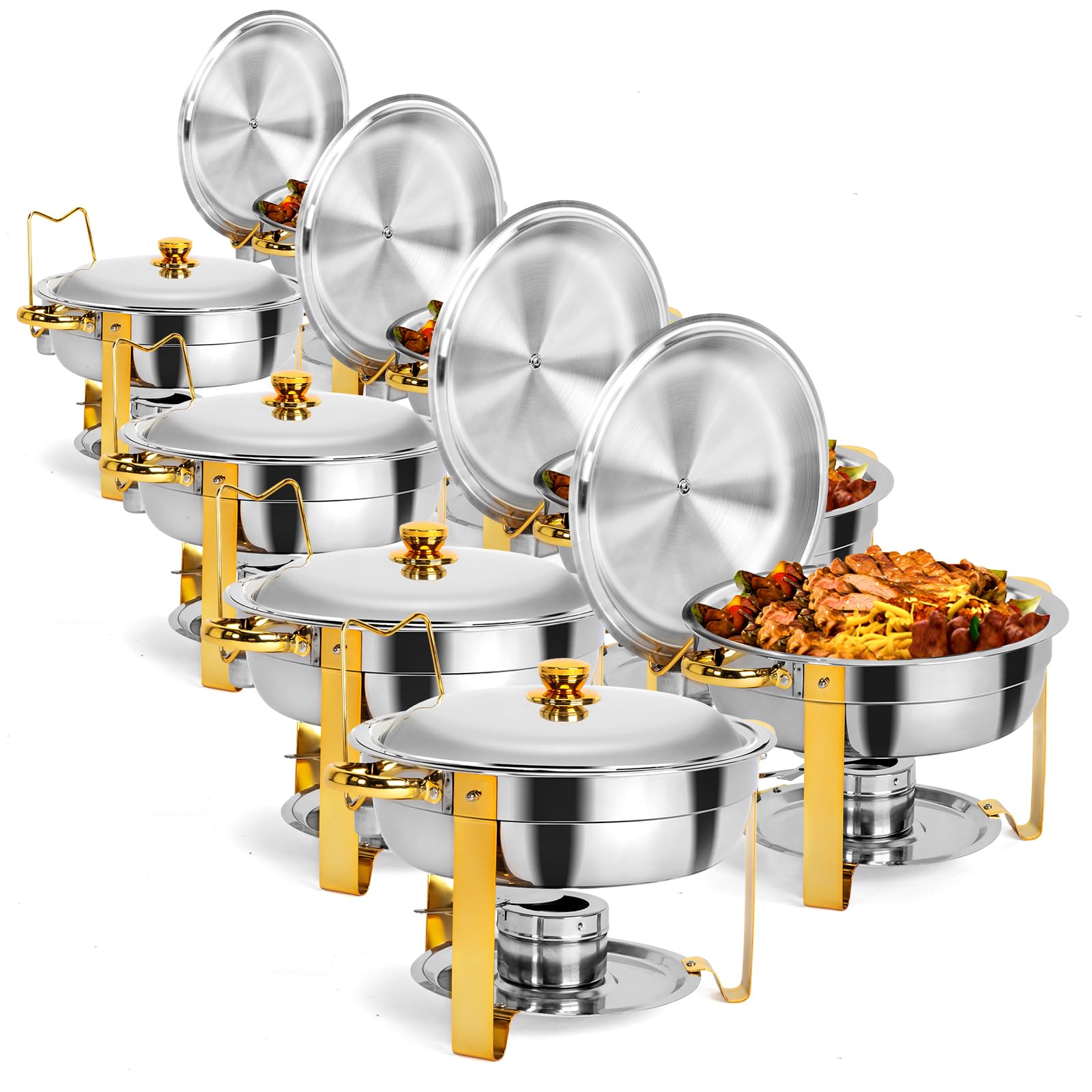 rovsun gold chafing dishes for buffet, 6qt 8 pack round stainless steel chafing dish set with lid holder, buffet warmer set with stackable design for parties christmas gatherings catering events