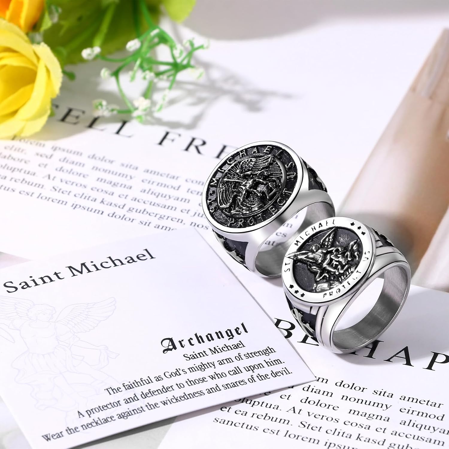 OIDEA St. Michael Rings for Men: 2Pcs Saint Michael Rings The Great Protector Archangel Defeating Satan Figurine Signet Rings Religious Amulet Jewelry Gifts