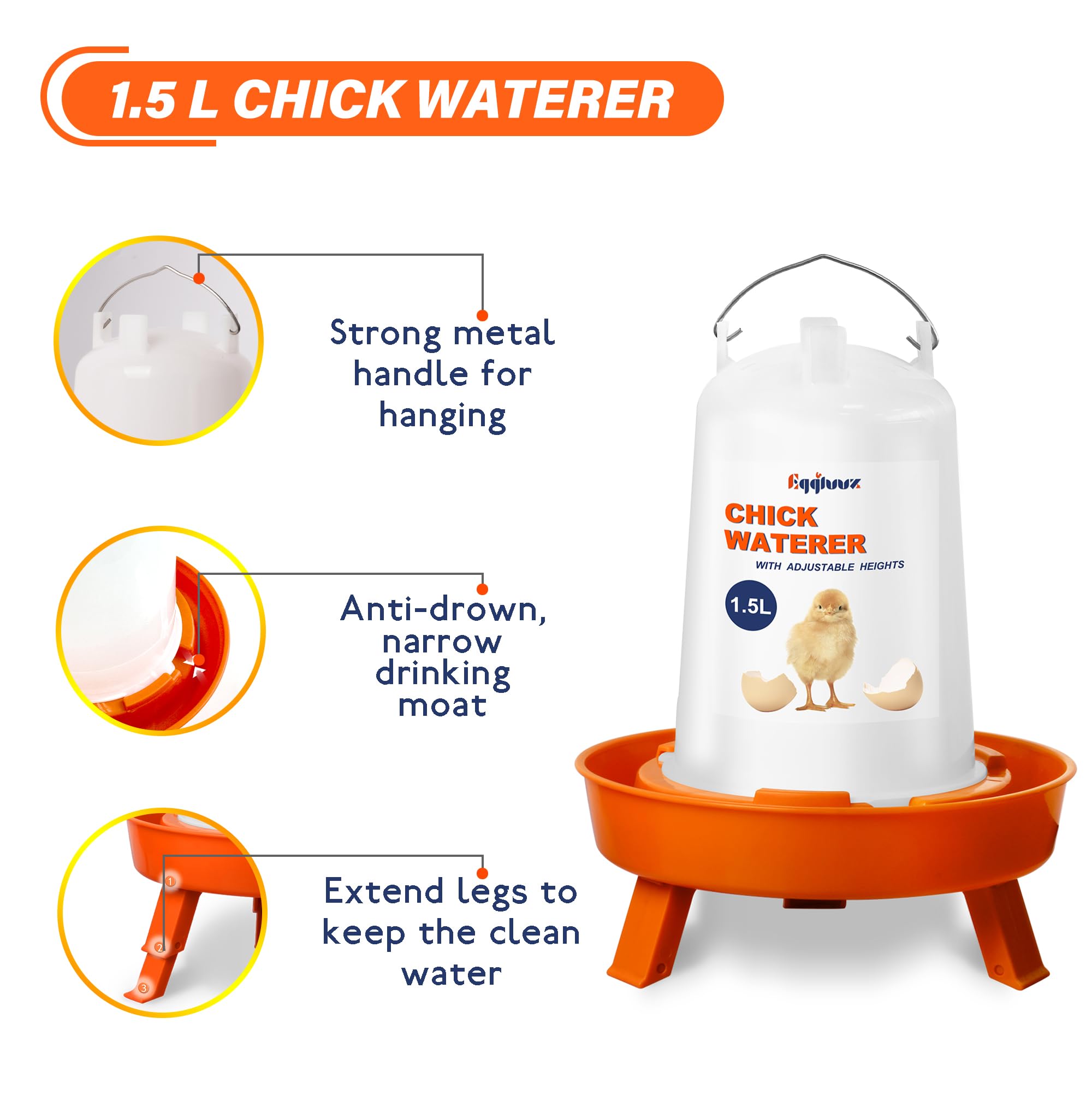 Eggluuz Kit de comedero y bebedero para pollitos, comedero para pollitos de 3 kg y bebedero para pollitos de 1,5 L con 3 alturas ajustables
