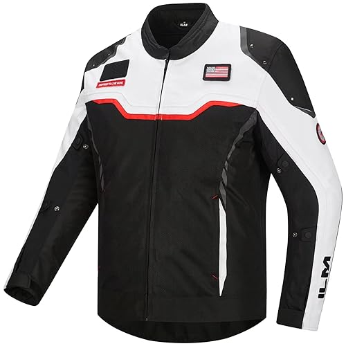 ILM Motorcycle Mesh Jacket with CE Armor and Detachable Waterproof Liner Dual Sport All Season Riding for Men Model JRC2-M White, L