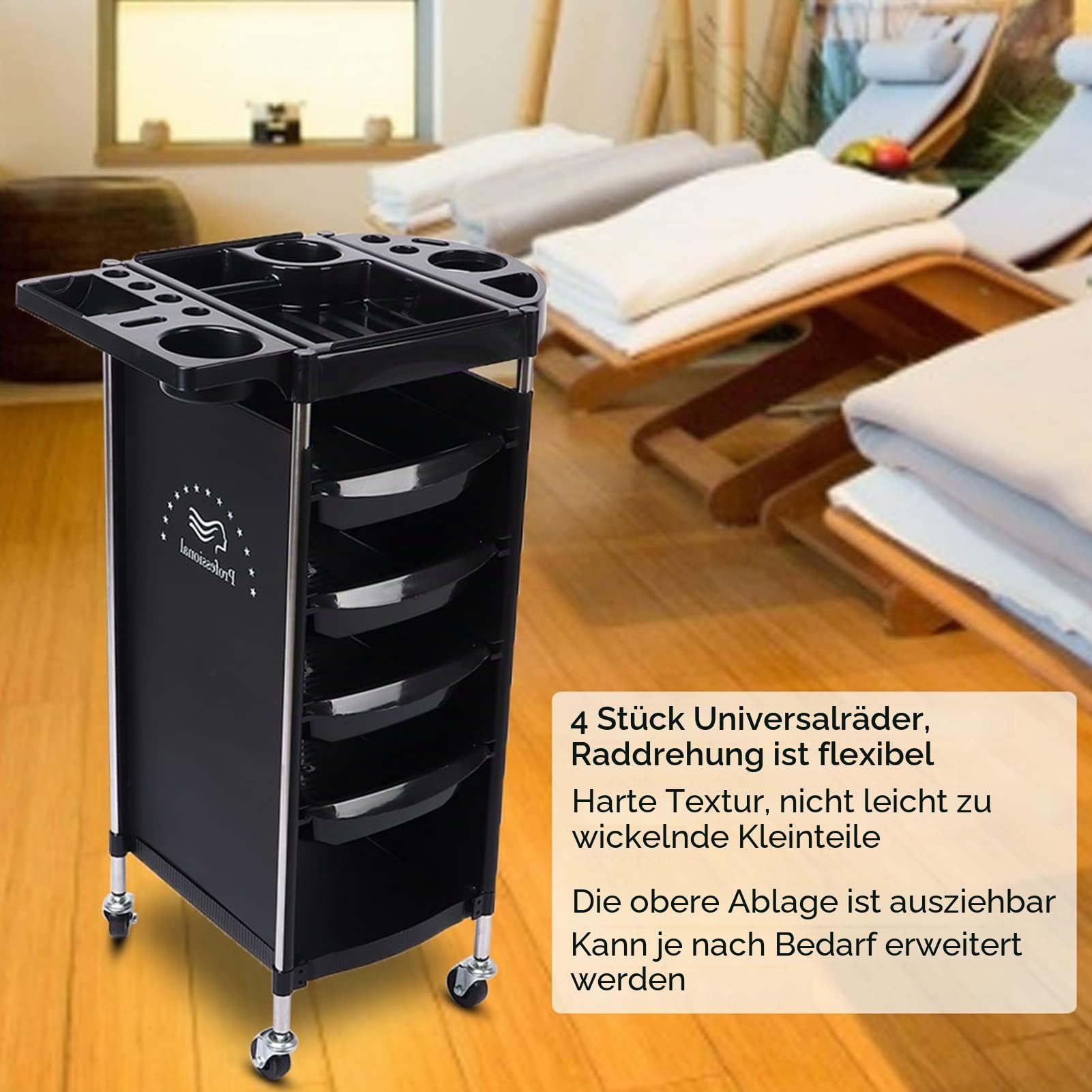 6-lagiger Aufbewahrungswagen Salon Trolleys für Friseursalon-Werkzeuge mit Rädern, Ausziehbarem Tablett, 5 Schubladen, Salon-Rollwagen für Zusätzliche Friseuraufbewahrung