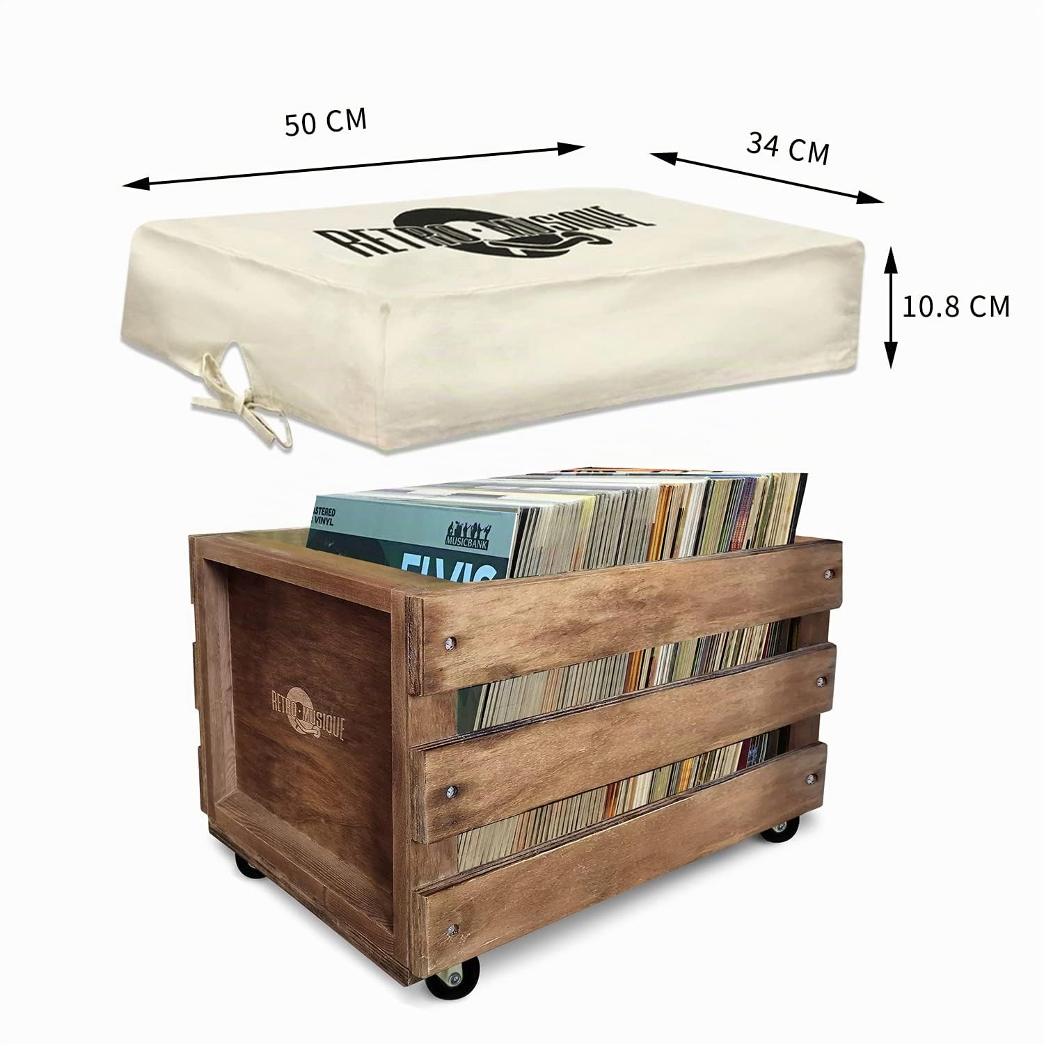 Aufbewahrungsbox aus Holz, 30,5 cm, für bis zu 100 Alben (in PVC-Hüllen), mit Sackleinen-Stoffbezug, inkl. 50 Schallplatten-Außenhüllen (Eichen-Finish)