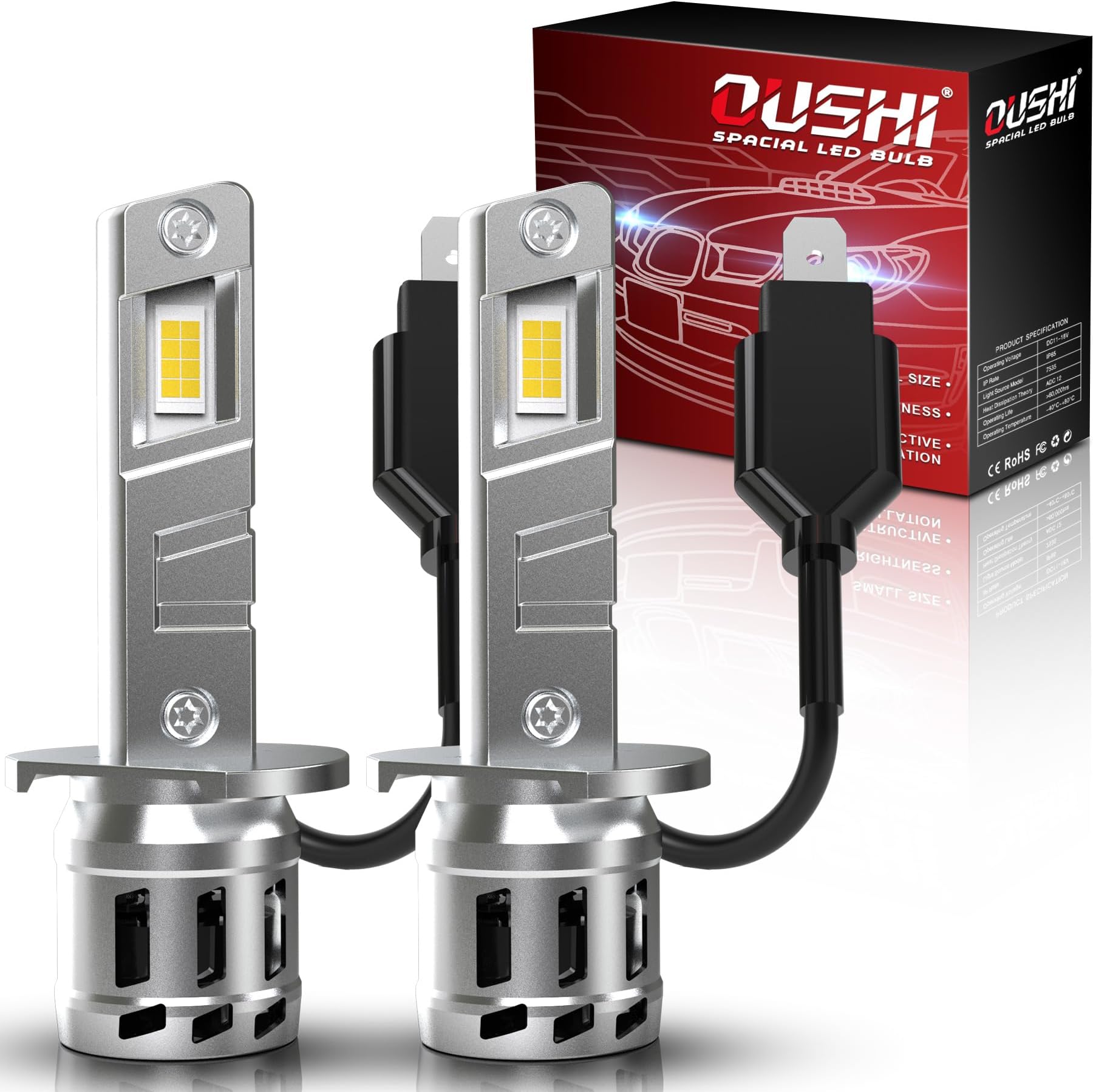 OUSHI H1 LED Headlight Bulbs, Upgraded 600% 6500K Xenon White 1:1 Mini Size H1 LED Bulbs, 16000LM Plug and Play H1 Bulb, Pack of 2