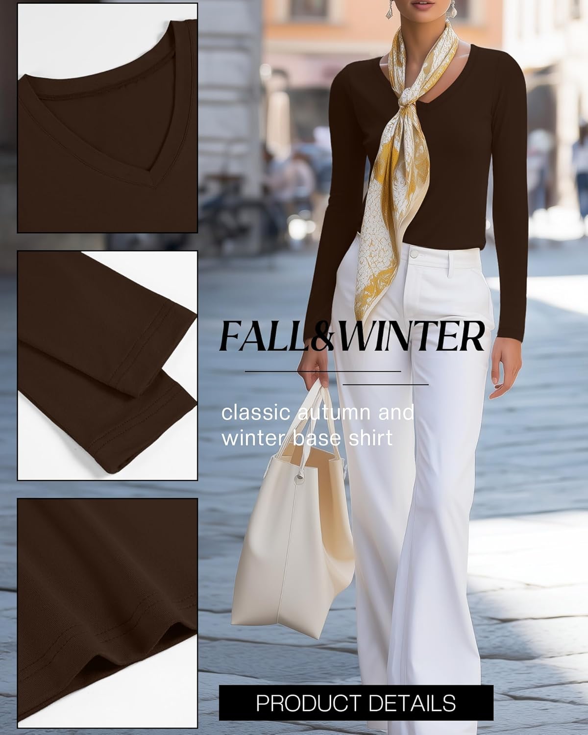 5 Pack Long Sleeve V Neck T Shirts for Women, Cotton Slim Fitted Shirt Casual Tight Basic Tee Tops for Layering(Cream, Coffee, Brown, White, Black,Medium) - Image 5