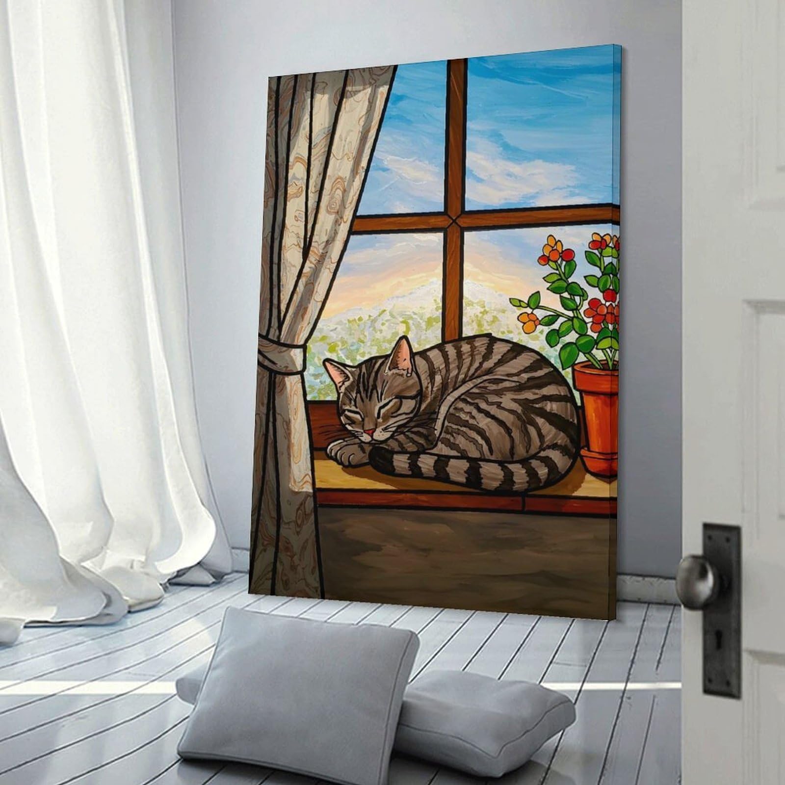 Junmoney Frame-Style-2-2 Wall Picture Print Sleeping Cat, 24X36inch(60X90cm), For Entrance Walls, Hall Decor Or Foyers, Home Artwork For First Impressions