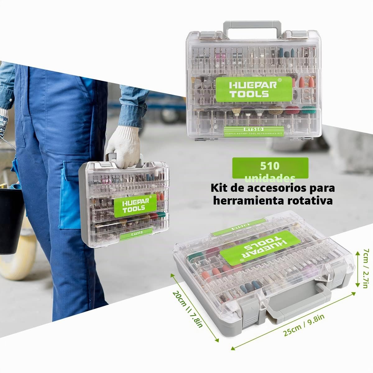 Kit de 510 Accesorios de Herramientas Rotativa, Huepar Tools Accesorios Variados Multiusos, Universales Accesorios para Dremel u Otro, Reutilizables, para Cortar, Esmerilar, Pulir, Taladrar y Grabado