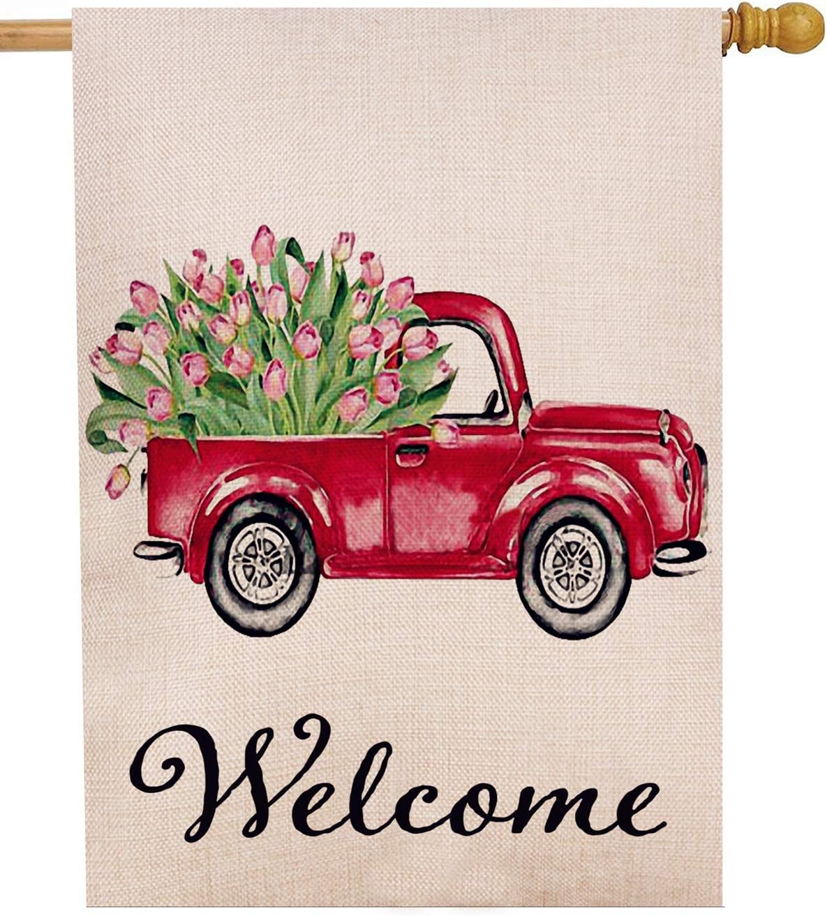 Dyrenson Tulips Flower House Flag Double Sided Welcome Quote, Love Valentine's Day House Red Truck Burlap Yard Decoration, Home Decorative Seasonal Outdoor Décor Large Flag 28 x 40 Spring Summer