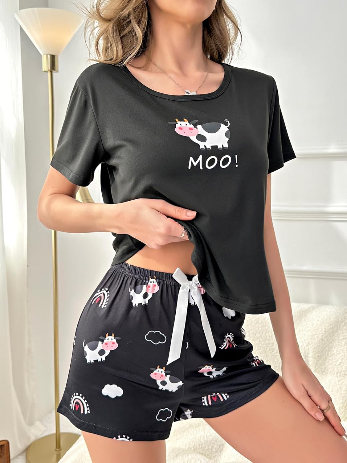 WDIRARA Women's 2 Piece Sleepwear Pajama Set Cartoon Print Tee Top and Shorts Loungewear - Image 4