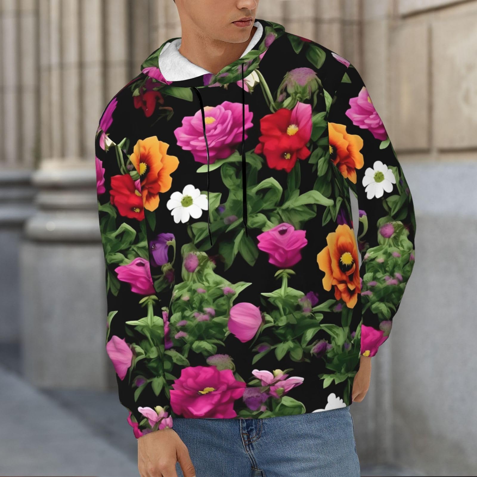 Męska bluza z kapturem z nadrukiem Thug Life Flowers, casualowa grafika z nadrukiem bluzy z kapturem z kieszenią