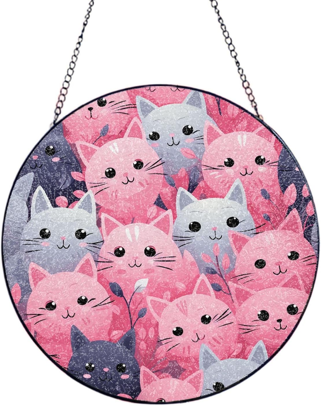 10in Stained Glass Window Hanging,Window Suncatcher Glass Panel with Metal Chain Pink Cat Sun Catchers Wall Art Home Decor Gift for Women Mother's Day