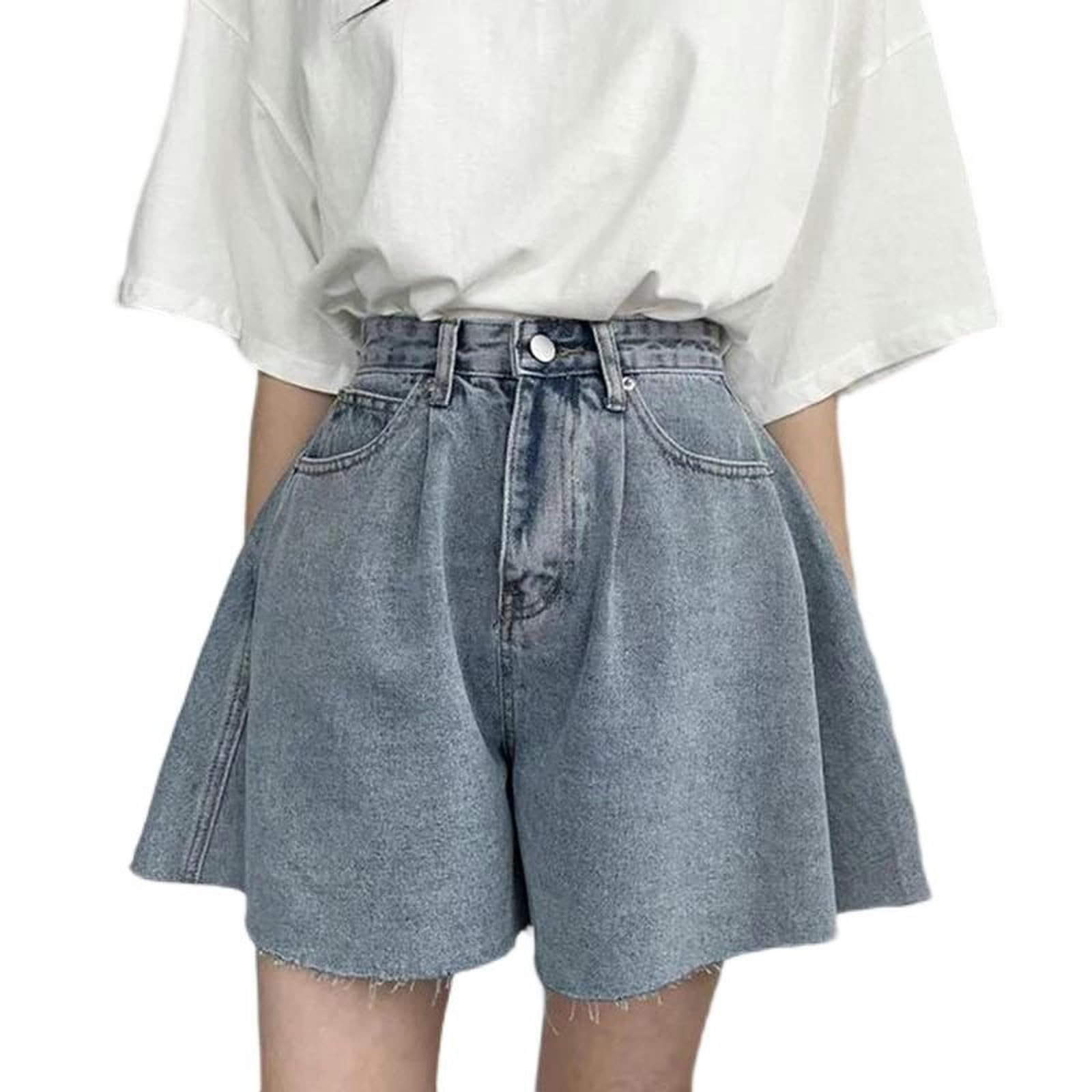 Short en jean ample taille haute à jambes larges bleu avec poches