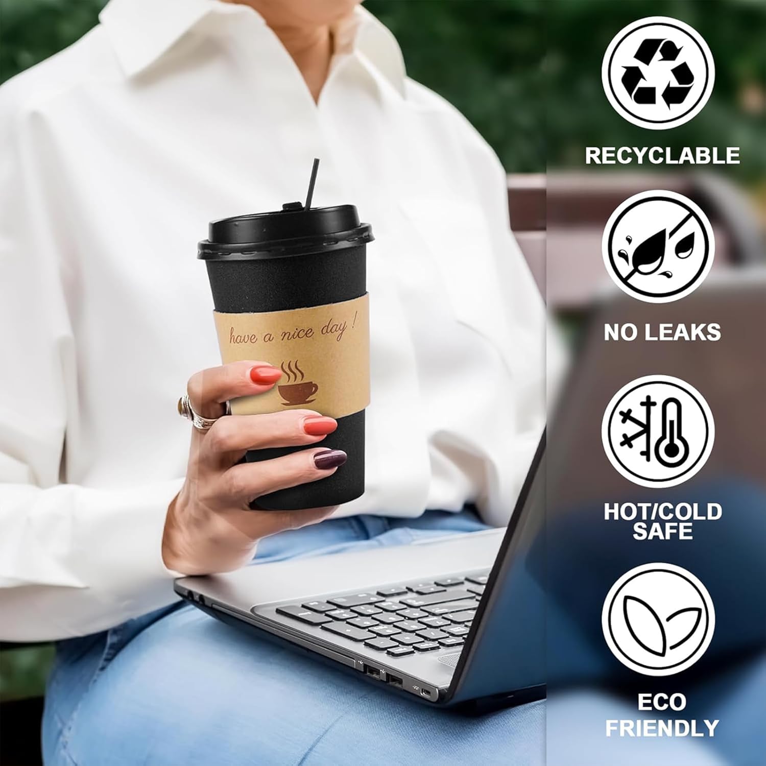 100 Pack 16 oz Coffee Cups with Lids, Disposable To Go Paper Coffee Cups with Sleeves and Stirring Sticks for Hot/Cold Drinks Office Home Shop Event (Black) - Image 4