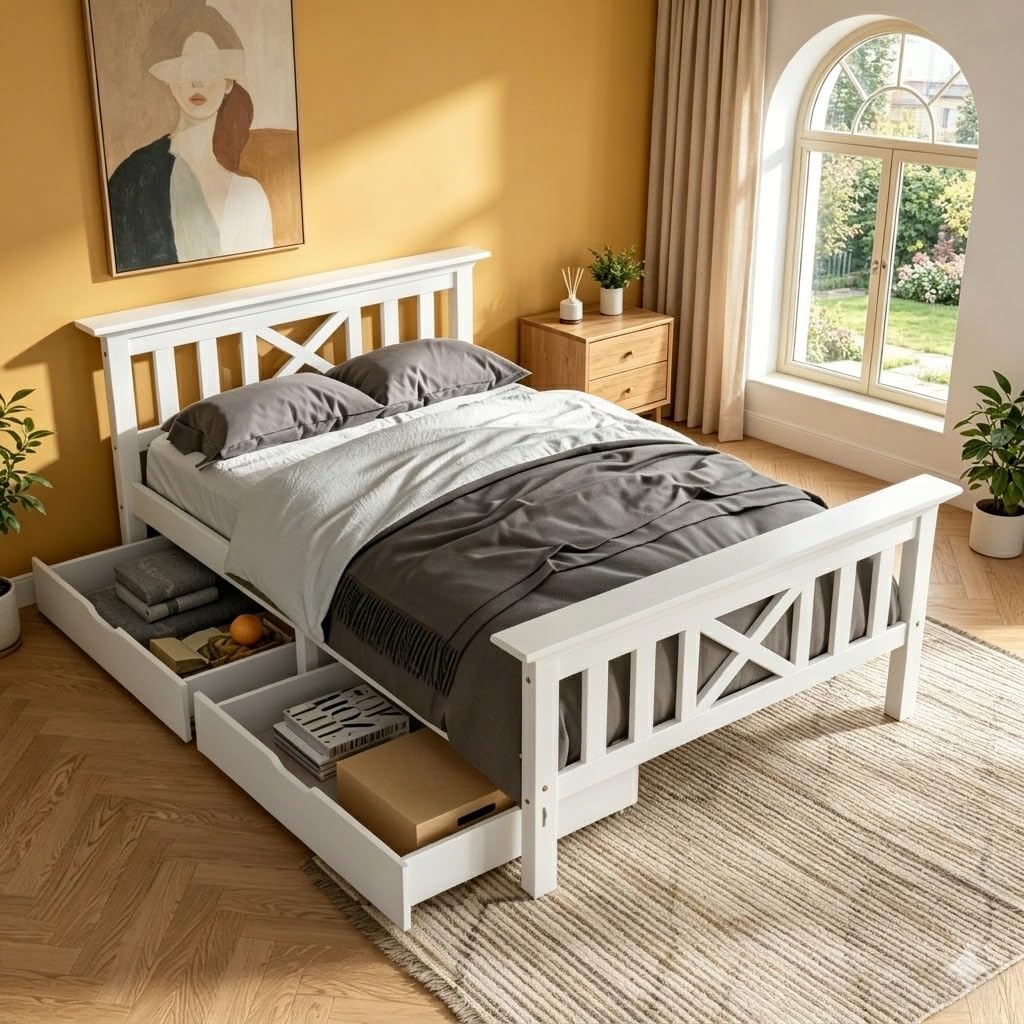 Merax 3FT Single Bed Frame with 2 Underbed Drawers, Solid Pine Wood Single Bed with Storage, X-Shape Headboard, Lattice Pattern Design, Guest Bed for Adults, Kids, Teenagers, White, 90x190cm