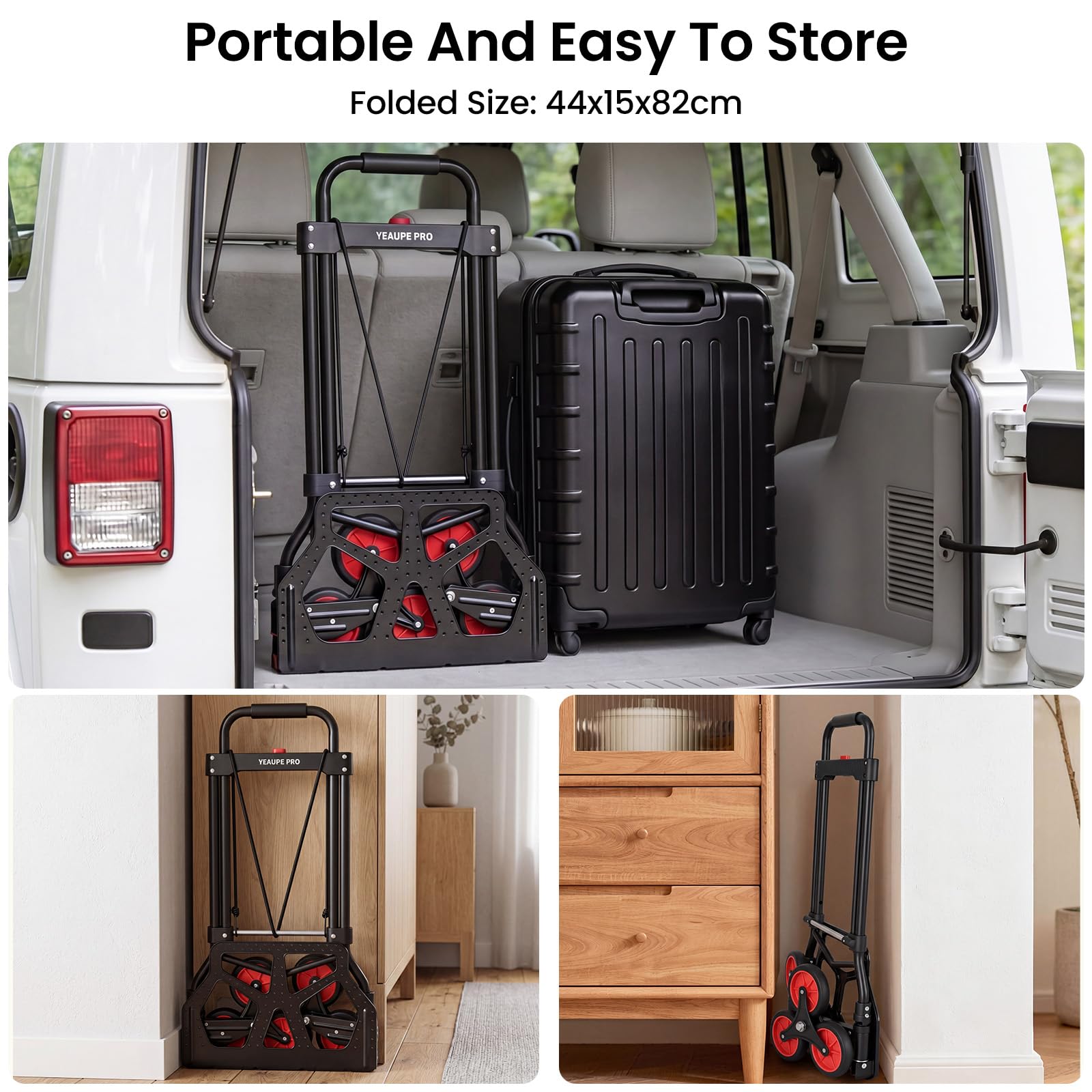 YEAUPE PRO Diable Pliable - Capacité de Charge de 70 kg - Poignée Réglable en Hauteur - avec 2 Cordes d'extension - Transport pour Monter Les escaliers - Noir - 3 Roues