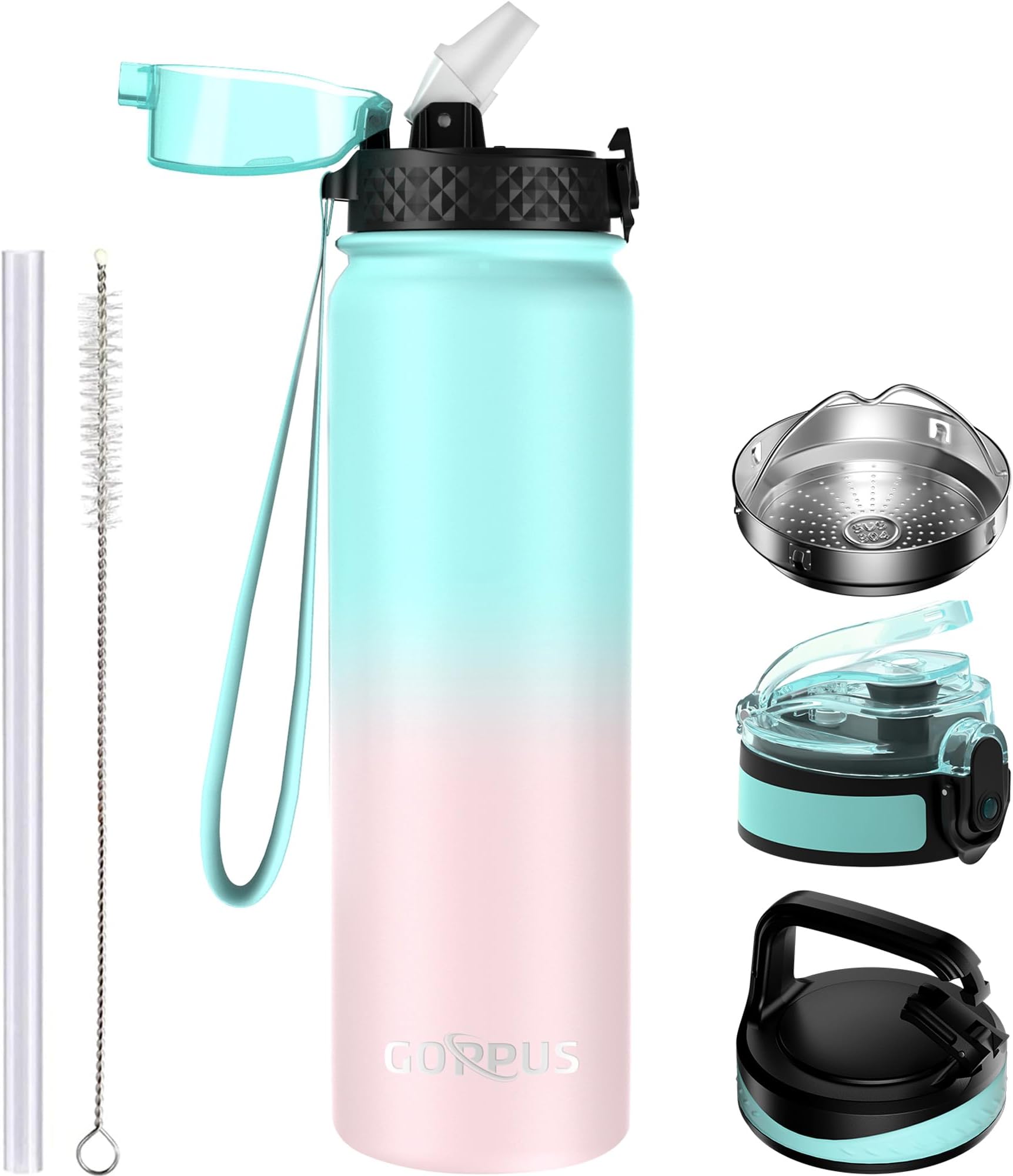 1L/32oz Stainless Water Bottle with Straw Double Wall Insulated Bottles with Strap Reusable Vacuum Thermal Flask Leakproof Keep Cold Drinks Bottles with Flip Top Lid for Gym Men Women BPA Free