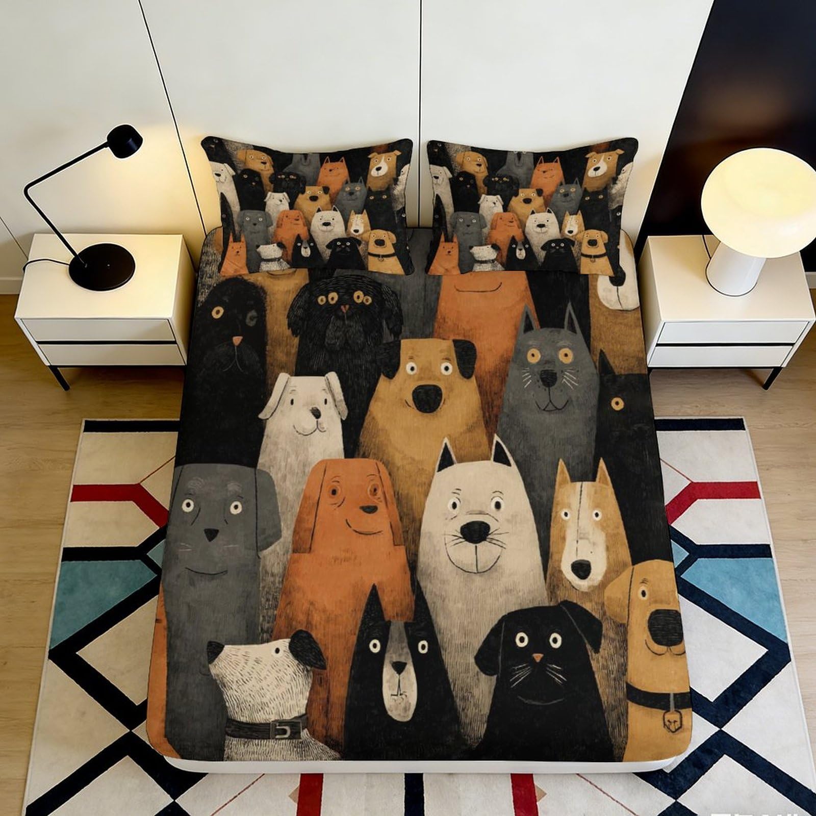 Uynsixtme Style-9 3D Printed Cartoon Dog Fitted Sheet Microfiber Deep Pocket Non-Slip Bedroom Bedding For Adults Cartoon Dog Mattress Fitted Cover Washable 140X200x25cm