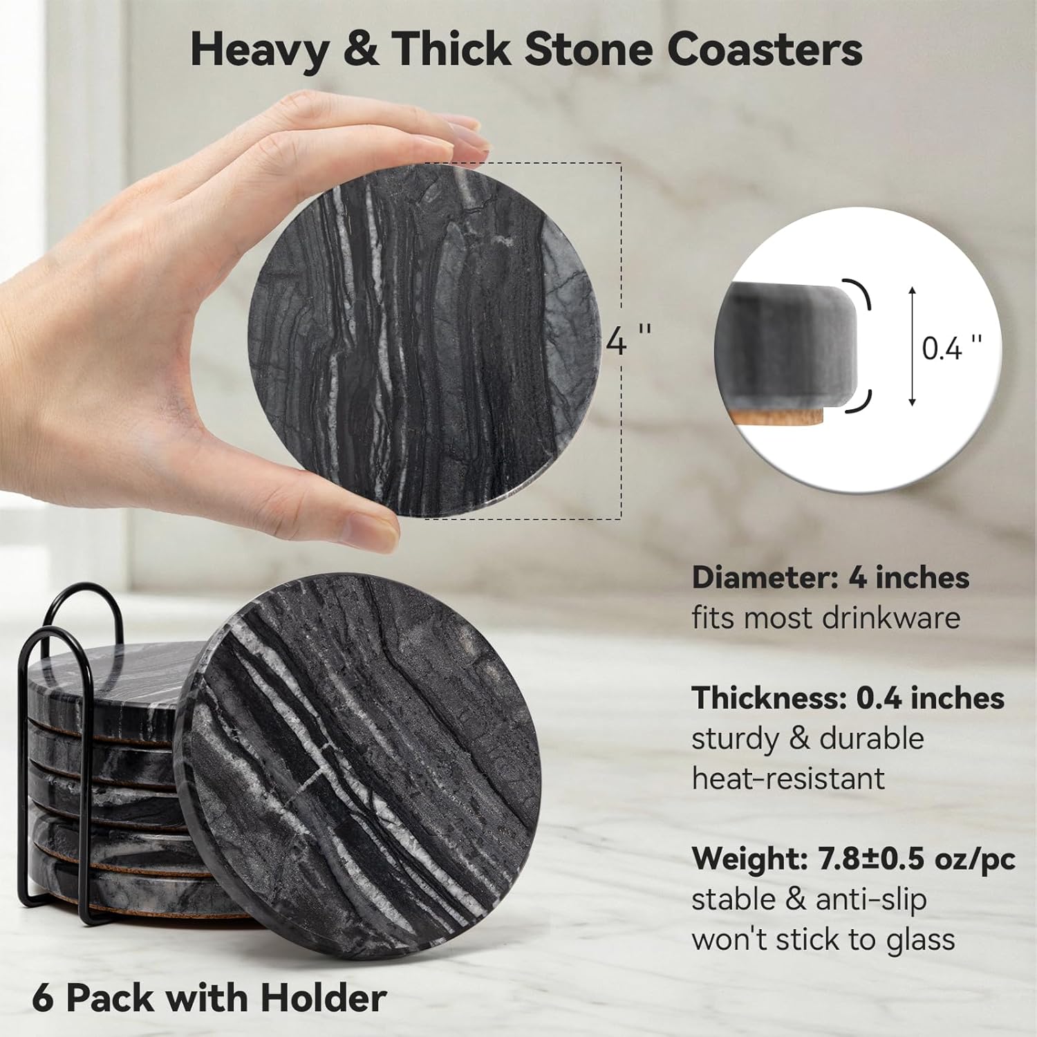 Set of 6 Marble Coasters with Holder, 4 Inch Round Luxury Modern Black Coasters for Coffee Table Decor, Heavy Natural Stone Coaster with Cork Bottom, Stylish & Practical, Elegant Gift Boxed
