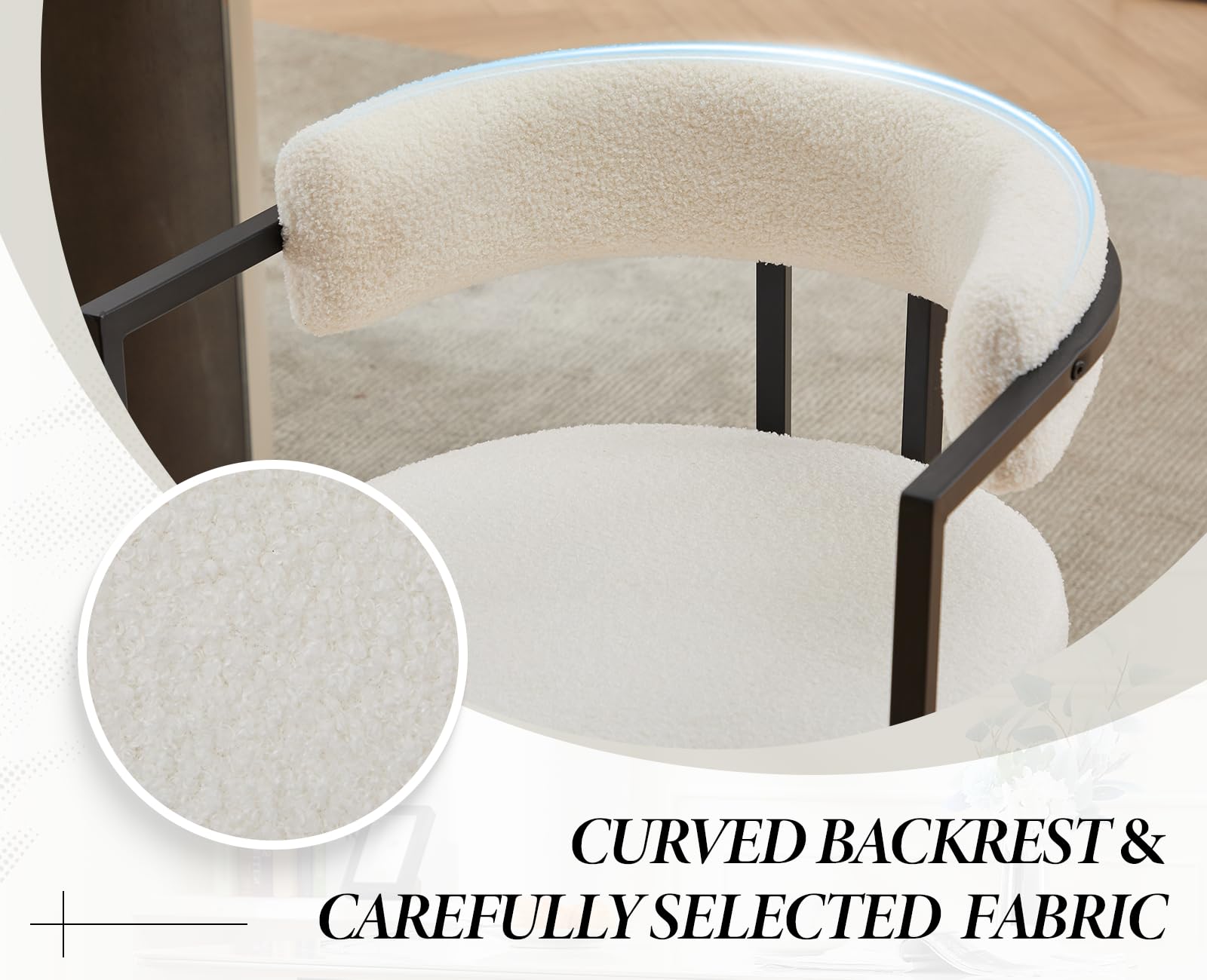 chairus Juego de 2 Sillas de Comedor de Lana Sintética Silas Laterales con Respaldo Curvado, Silla de Cocina con Marco de Metal Silla Decorativa Moderno para Hogar/Restaurante, Blanco