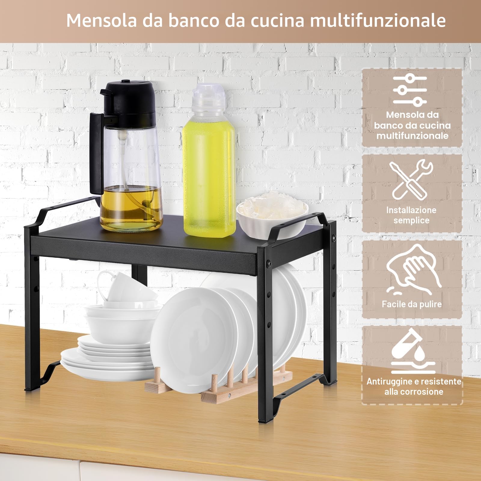 Ripiano Organizzatore per Cucina, Scaffale Espandibile 32-53cm per Pensili, Ripiani Resistente per Top Cucina, Scaffalatura Regolabile in Nero con 3 Altezze, Organizzatore per Desktop e Mobili