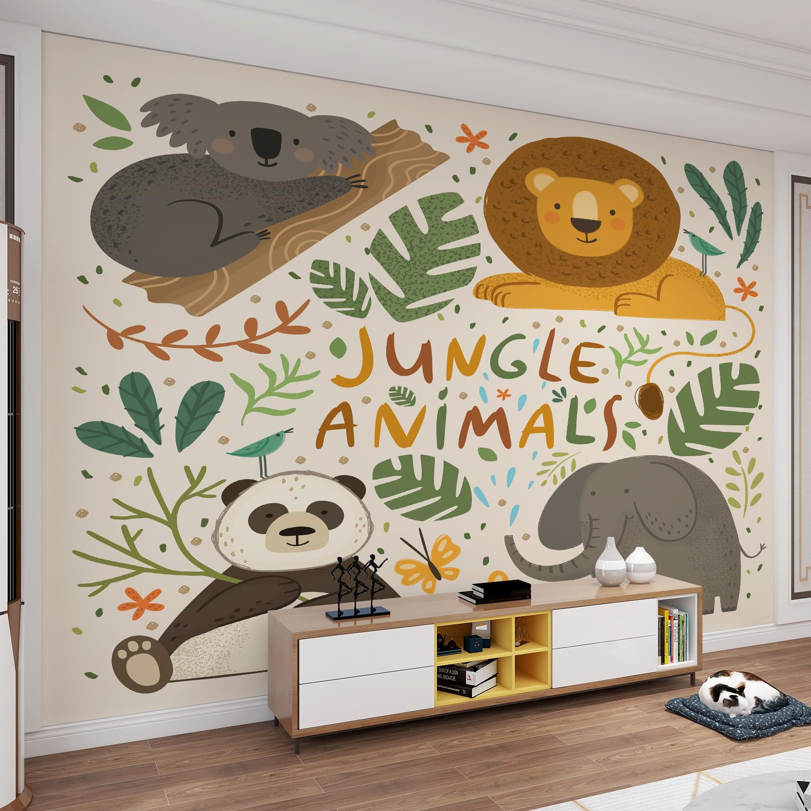 Papier peint 3D mural animaux jungle feuilles de palmier œuvre d'art