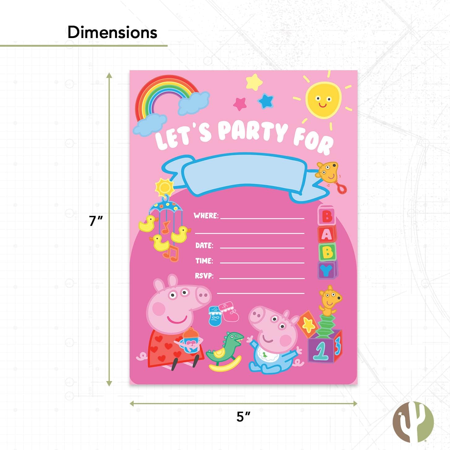 Desert Cactus Peppa Pig Happy Birthday Invitations Invites Cards 10 Count with Envelopes Boys Girls Kids Party (Style E)