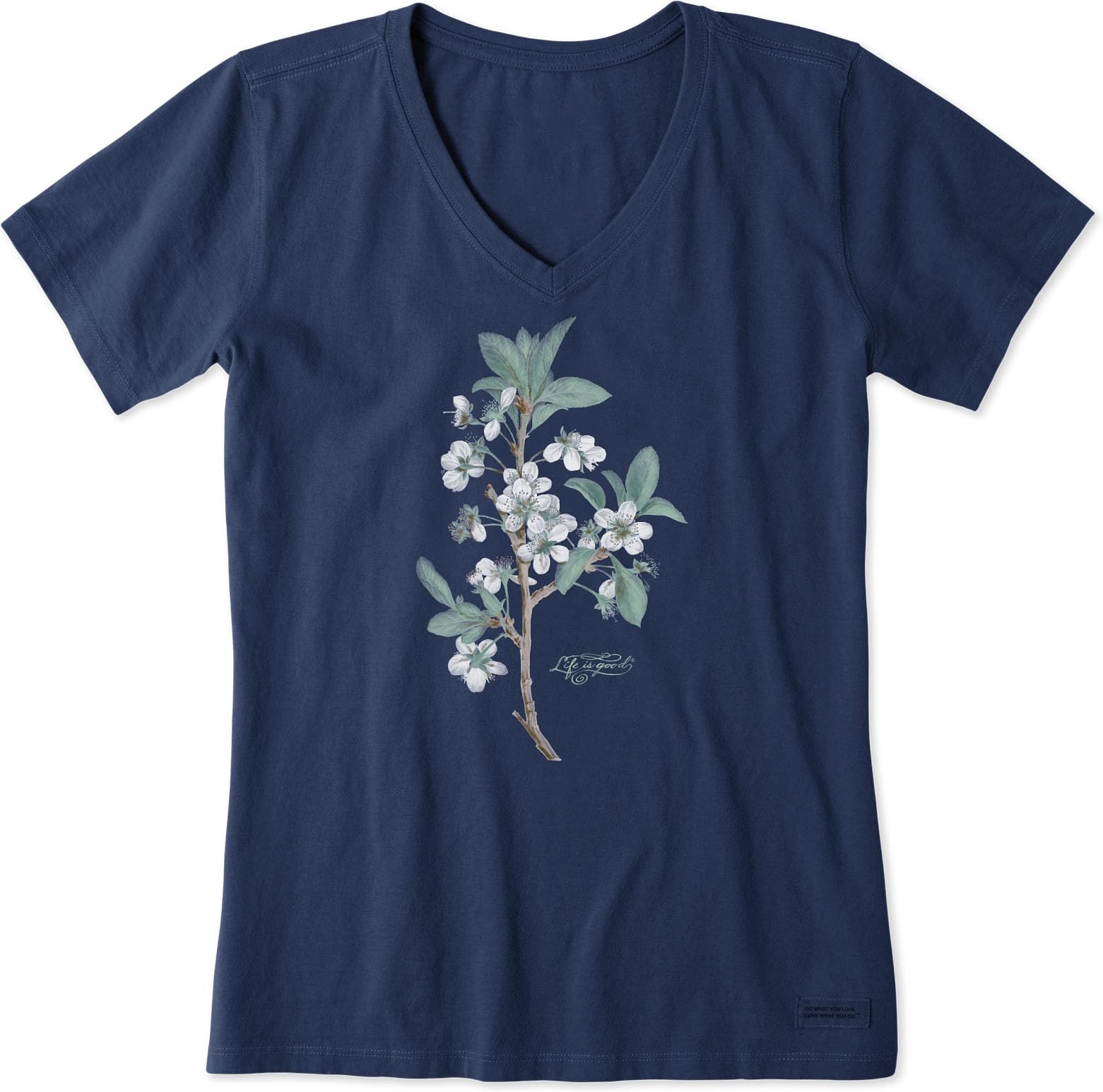 Life is Good Women's Antique Plum Blossom Painting Short Sleeve Crusher Vee (Large, Darkest Blue)