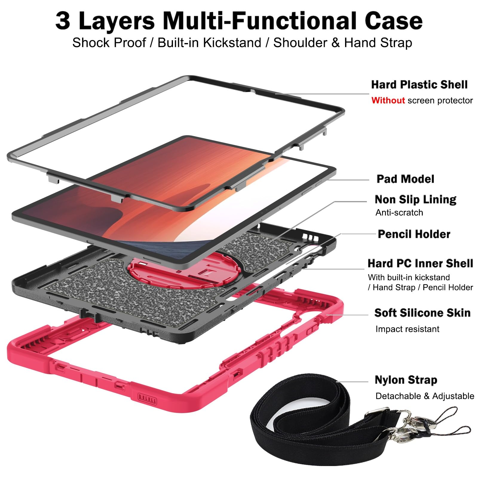Custodia protettiva antiurto per Samsung Galaxy Tab S10 FE+/S10 FE Plus 13" 2025, custodia protettiva antiurto con cinturino da polso e tracolla, custodia in silicone stabile con cavalletto (rosso +