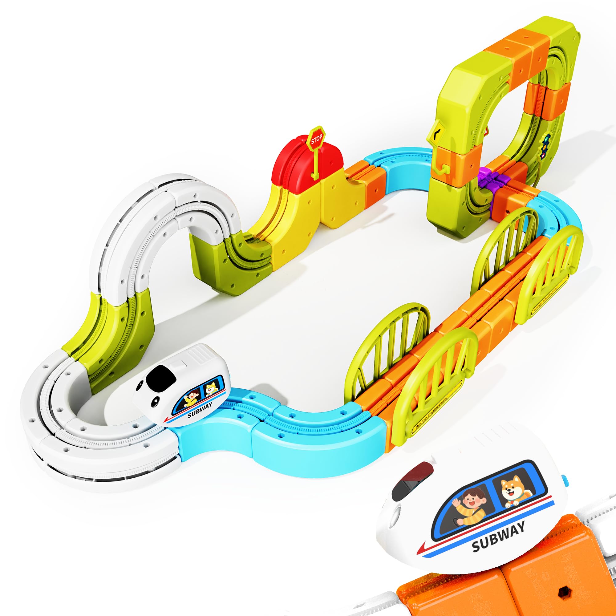 Bluocean Electric Train Set 145PCS Deluxe 3D STEM Track Toy | Deluxe set features snap-fit non-magnetic rail cubes. DIY 3D anti-gravity track, STEM toy for boys and girls ages 3+