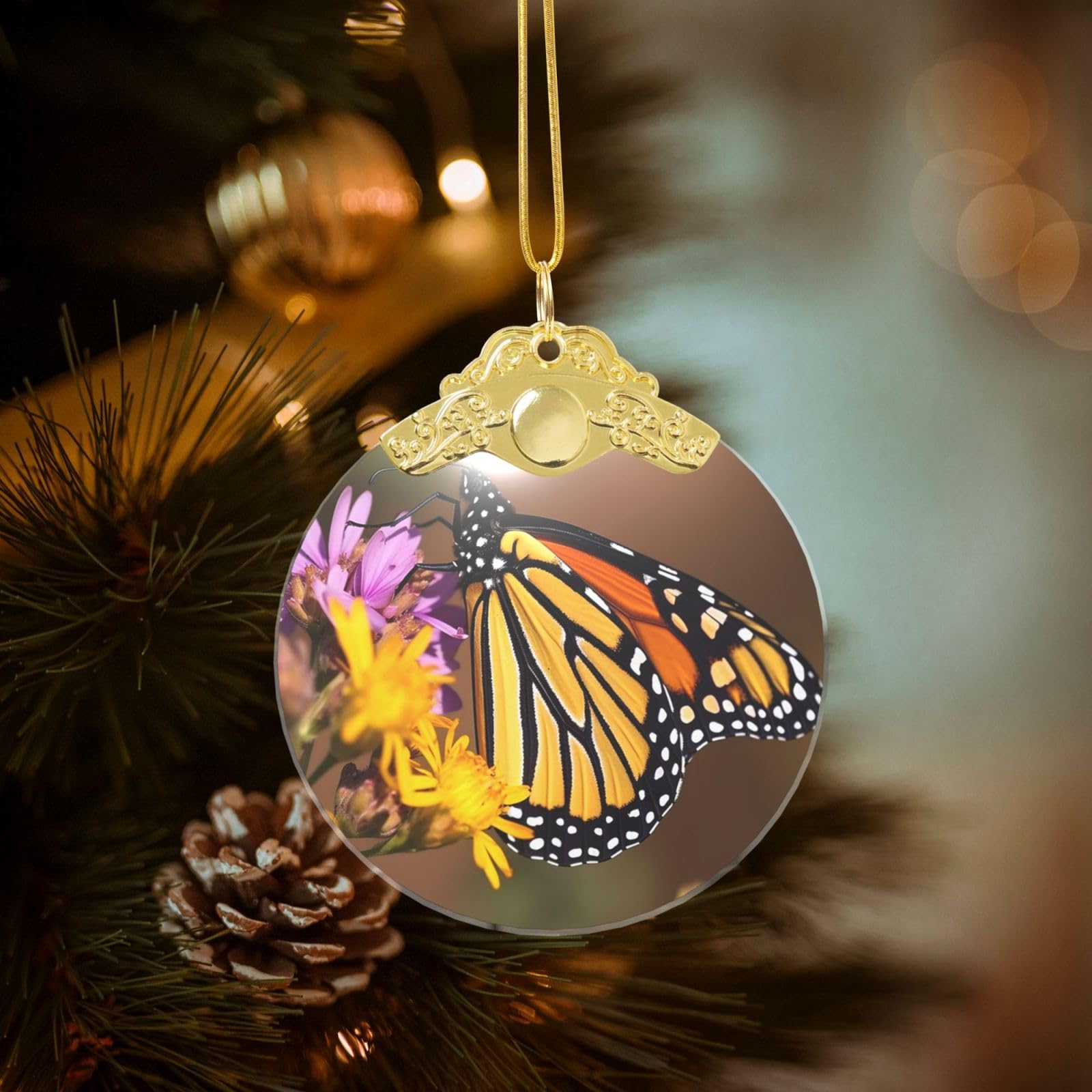 Crystal Christmas Ornaments for Christmas Tree Decoration Hanging Monarch Butterfly Ornament with Gold Ribbon Crafts Round Pendant for Keepsake Gifts Glass Xmas Decor Party Supplies