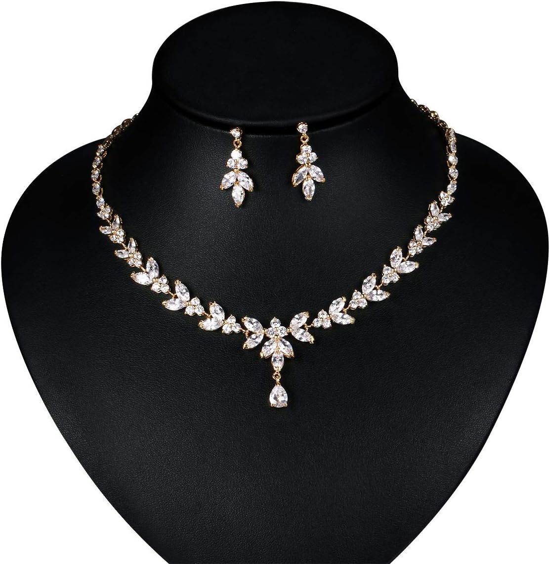 WeimanJewelry Silver/Gold Plated Women Cubic Zirconia Round CZ Marquise Teardrop Bridal Necklace and Drop Earring set for Bride Wedding (Gold) - Image 3