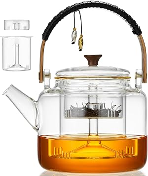 Glass Teapot with Infuser and Lid 36.9 FL OZ/1090ML, High Borosilicate Glass Tea Kettle with 2 Removable Infuser for Blooming and Loose Leaf Tea Maker, Gas Stovetop Safe