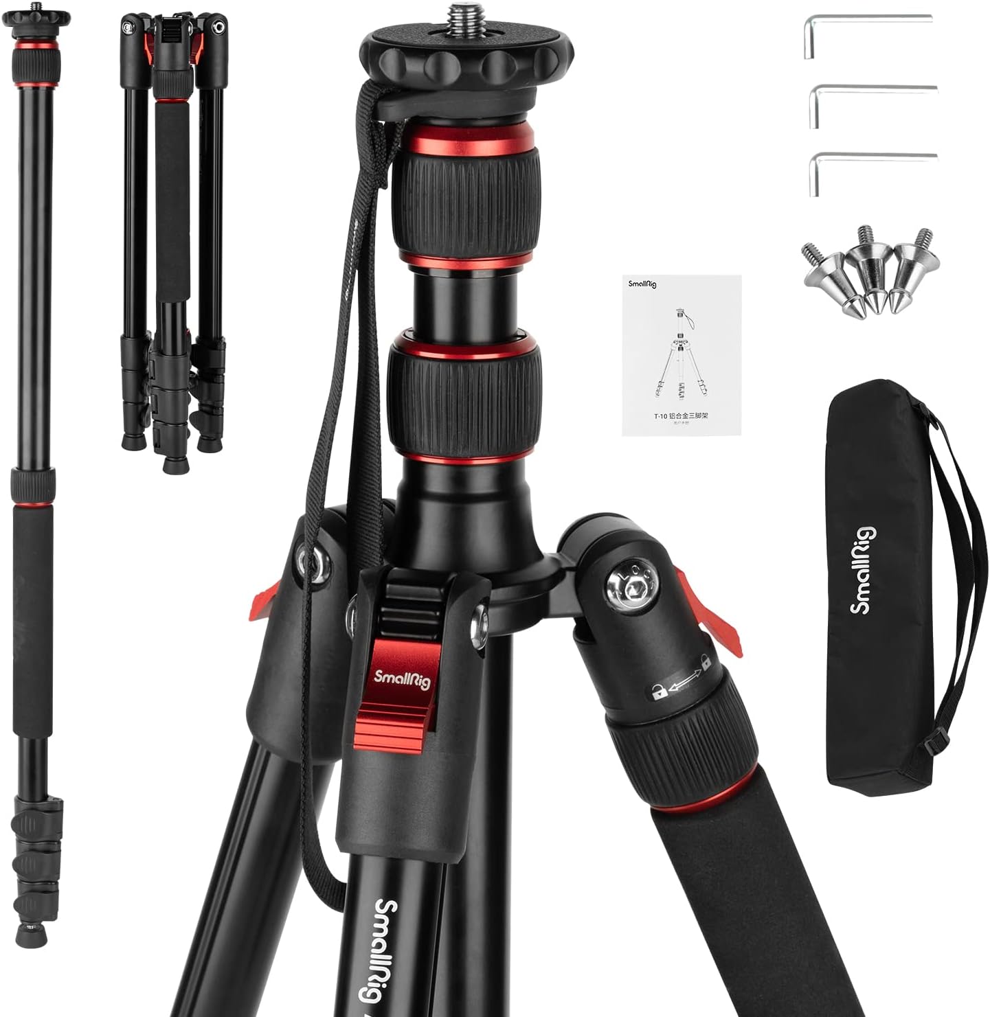 T-10 Camera Tripod, 68" Foldable Aluminum Tripod & Monopod, Compatible with 1/4"-20 and 3/8"-16 Video Head, Payload 33lb, Adjustable Height from 19.7" to 67.7" for Camera, Phone - 3983