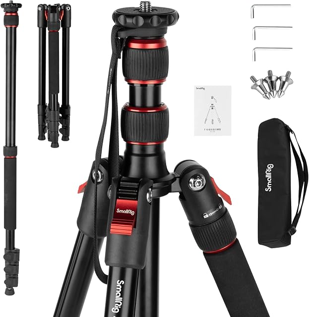 SmallRig 68" Camera Tripod, Foldable Aluminum Tripod & Monopod, Compatible with 1/4"-20 and 3/8"-16 Video Head, Payload 33lb, Adjustable Height from 19.7" to 67.7" for Camera, Phone - 3983