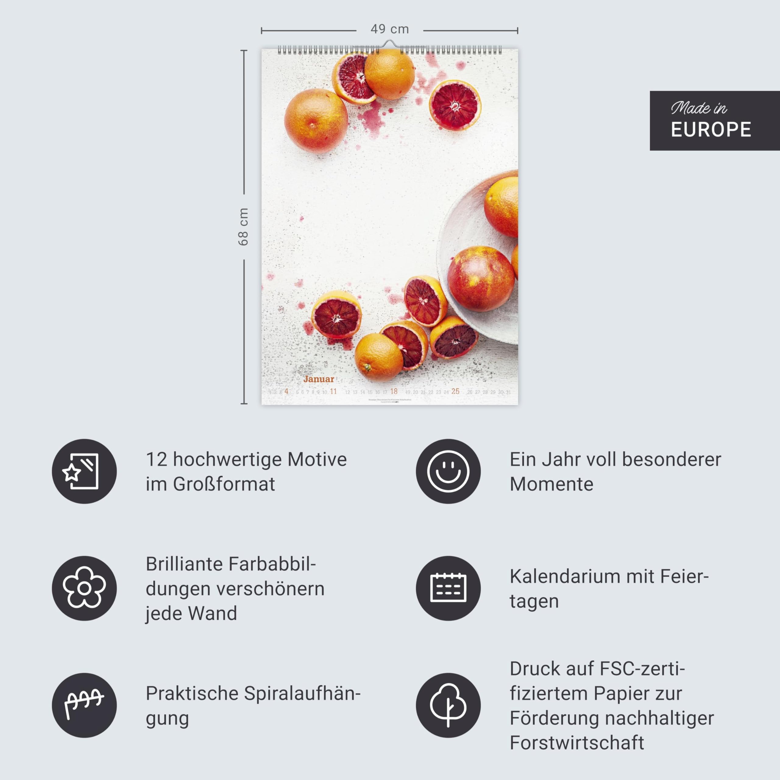 Fresh Food Kalender 2026: Großer Wandkalender mit 12 eleganten Lifestyle-Fotos für die Küche. Stylische Food-Fotografie Kalender 2026. 49 x 68 cm Hochformat.