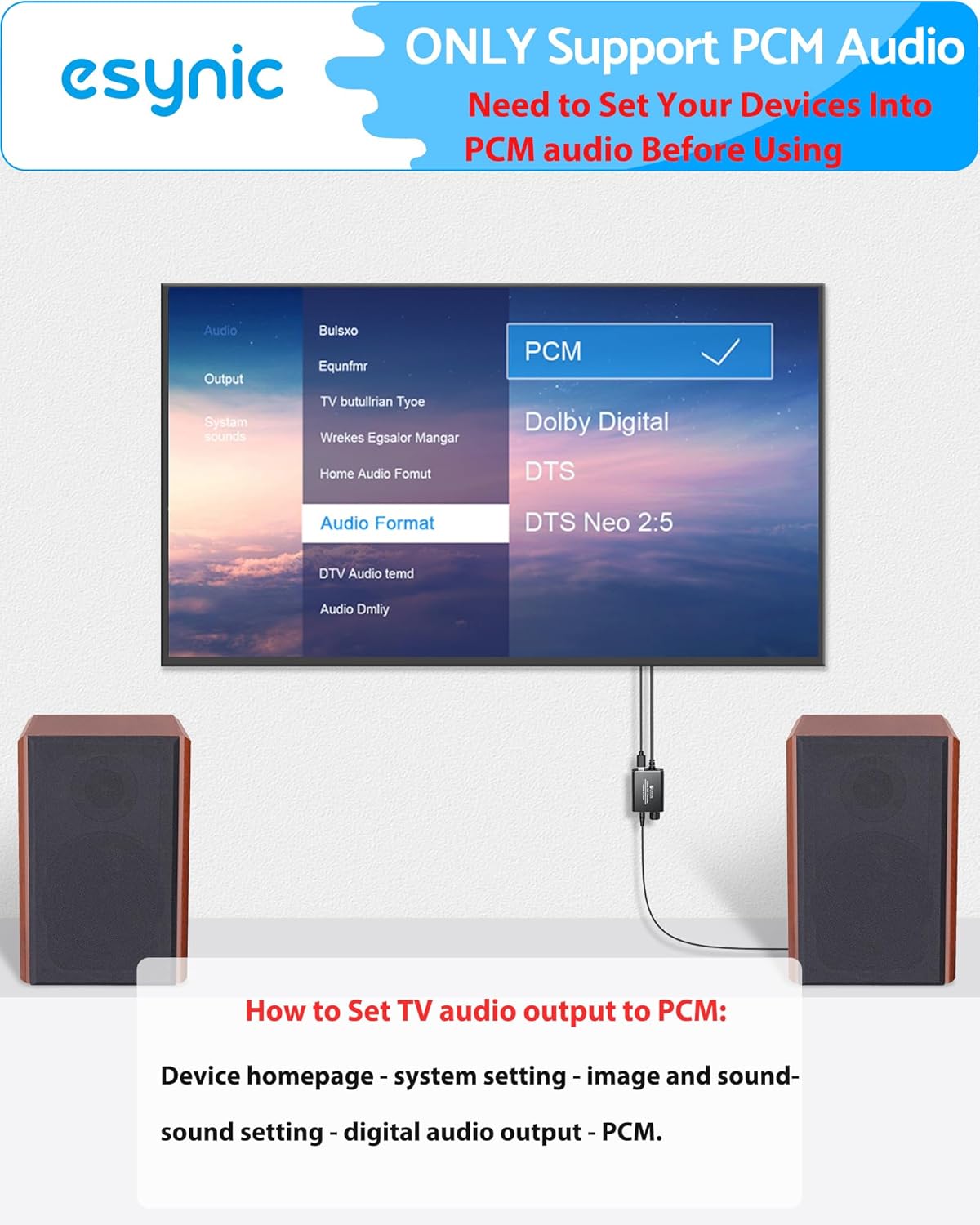 TV screen showing audio settings with PCM selected