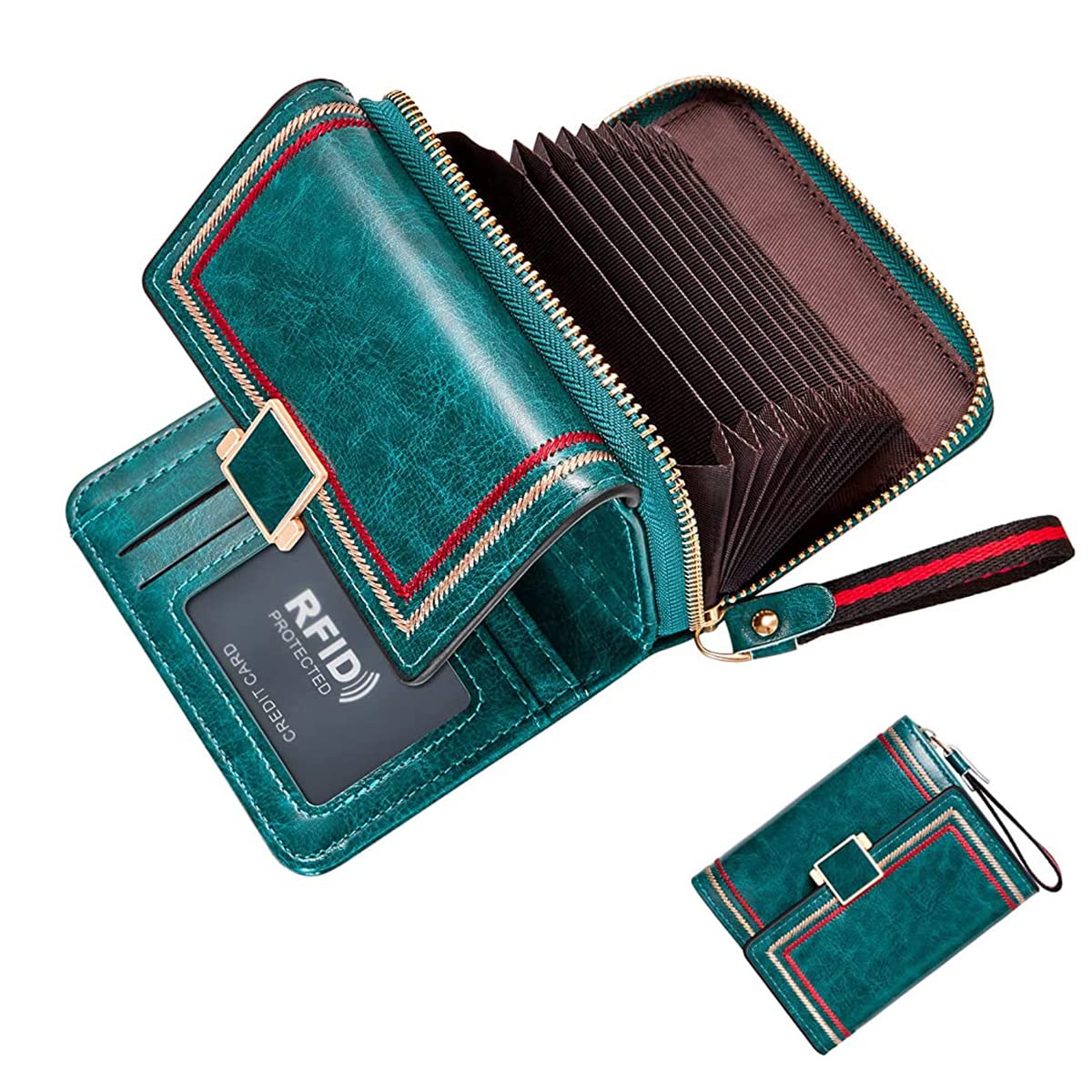 Women's Bi-fold Leather Wallet - Turquoise Vintage Card Bag with Large Capacity and RFID Blocking