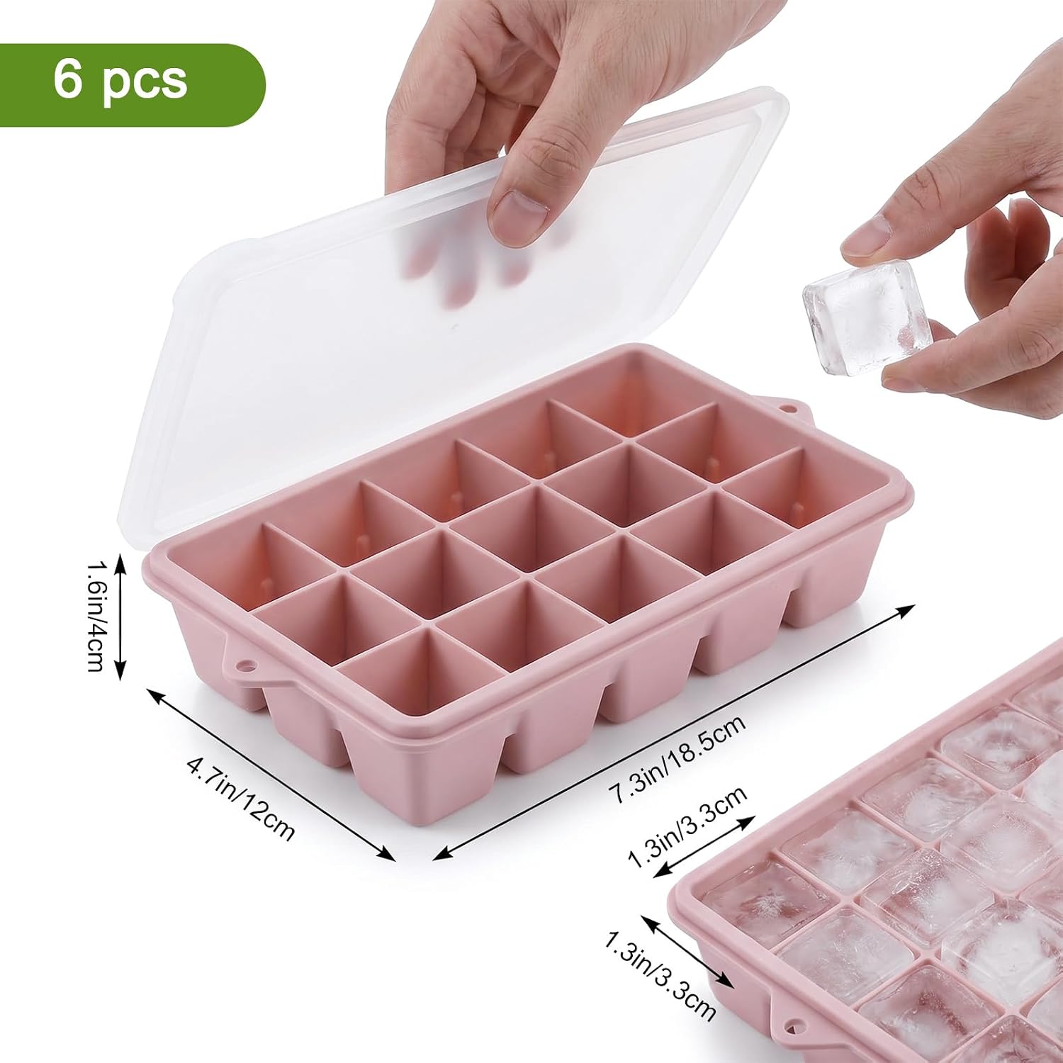 6-Pack Large 15-Cube Silicone Ice Cube Tray with Lid, Ice Trays for Freezer - Flexible, Stackable, Easy Release Reusable Molds for Whiskey, Cocktails, Beverages (Green, Pink, Blue)