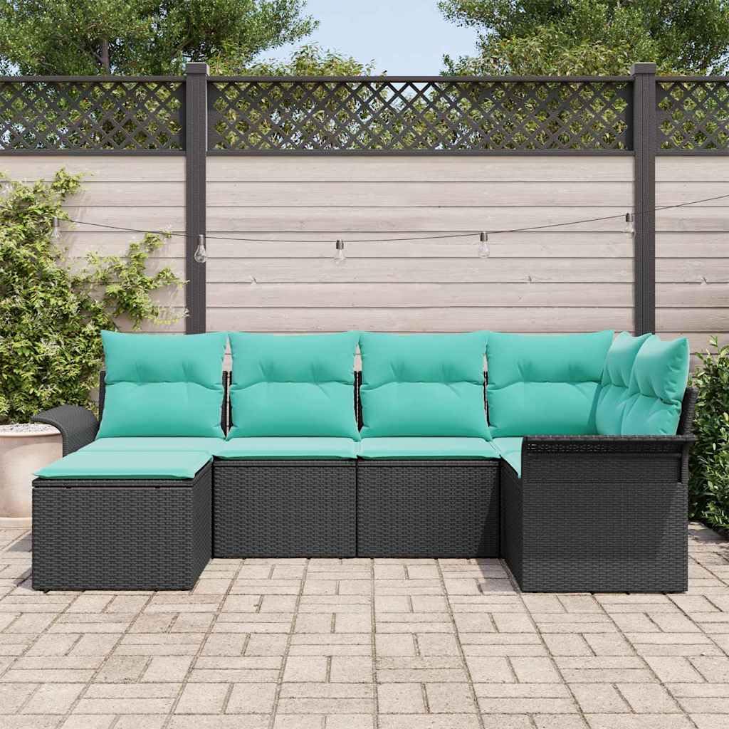 Hothingwell Sofa ogrodowa modułowa 6-osobowa czarna polirattanowa | Rama ze stali proszkowej, wbudowane przechowywanie, regulowane moduły, temperatury