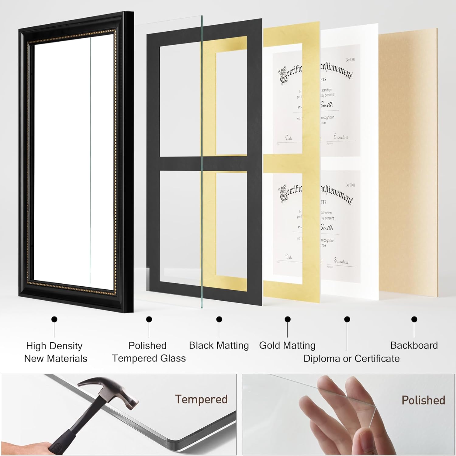 Yaetm Vertical Double Diploma Frame 14x20 for Two 8.5x11 Certificates, Degrees, Documents, Tempered Glass with Black Over Gold Acid-free Mats, Dual Diploma Frames, Black Gold/Black