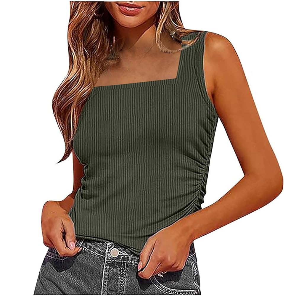 Tank Tops for Women Casual Side Pleated Square Neck