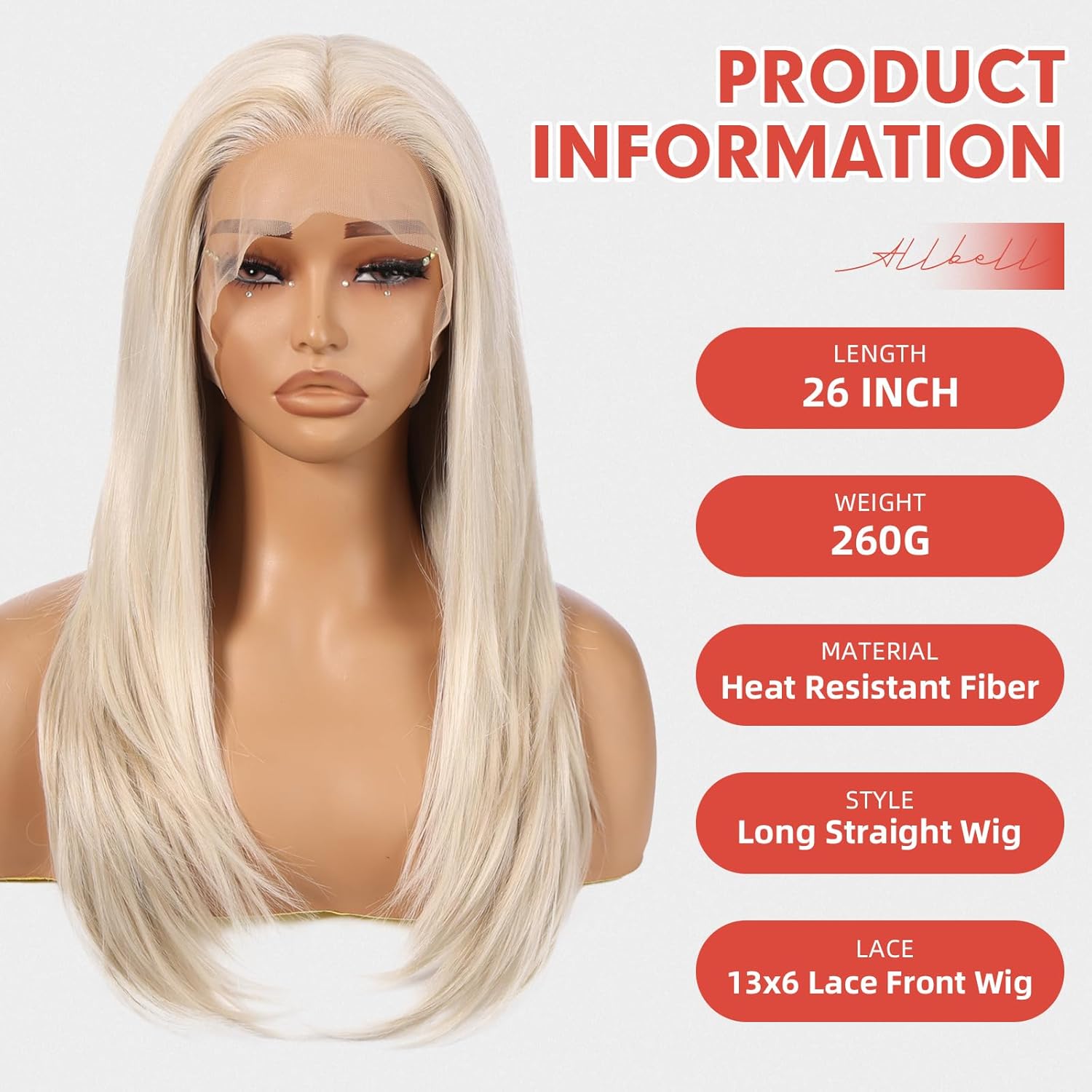 Allbell 13x6 Highligh Light Blonde Lace Front Wig for Women 22 Inch Long Straight Layered Wig,Glueless Synthetic HD Lace Wigs for Daily Party Use