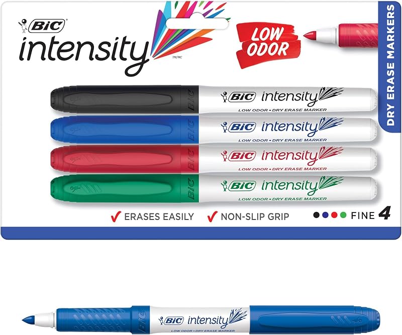 Marcadores de borrado en seco de punta fina BIC Intensity, bajo olor, surtidos, 4 unidades | Marcadores borrables para una fácil limpieza, aplicación suave para una experiencia de escritura agradable, no tóxicos, aprobados por ACMI