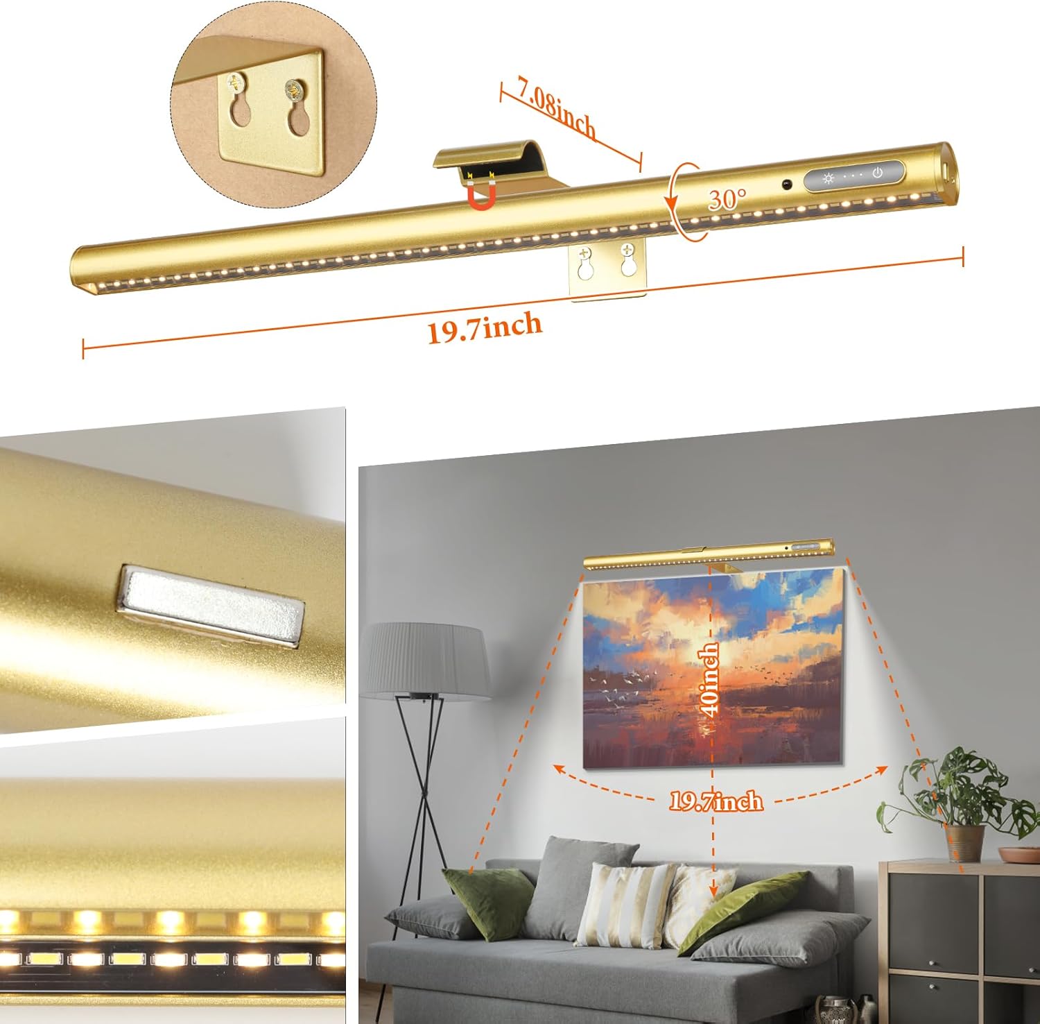 Wireless Picture Light, Battery Operated LED Painting Lights with Remote Control, Dimmable, Timer for Art Frame (Gold-19.7inch)