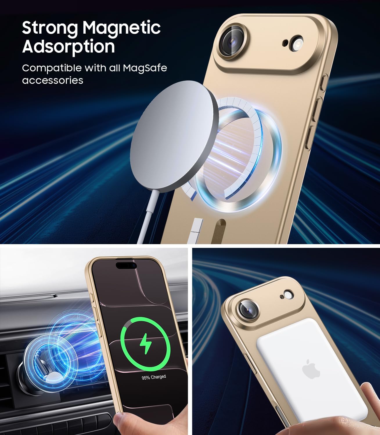 magnetic for iphone air case, compatible with magsafe, built-in camera lens protector, slim thin soft silicone bumper shockproof metallic luster phone case for iphone 17 air (gold) iphone air gold