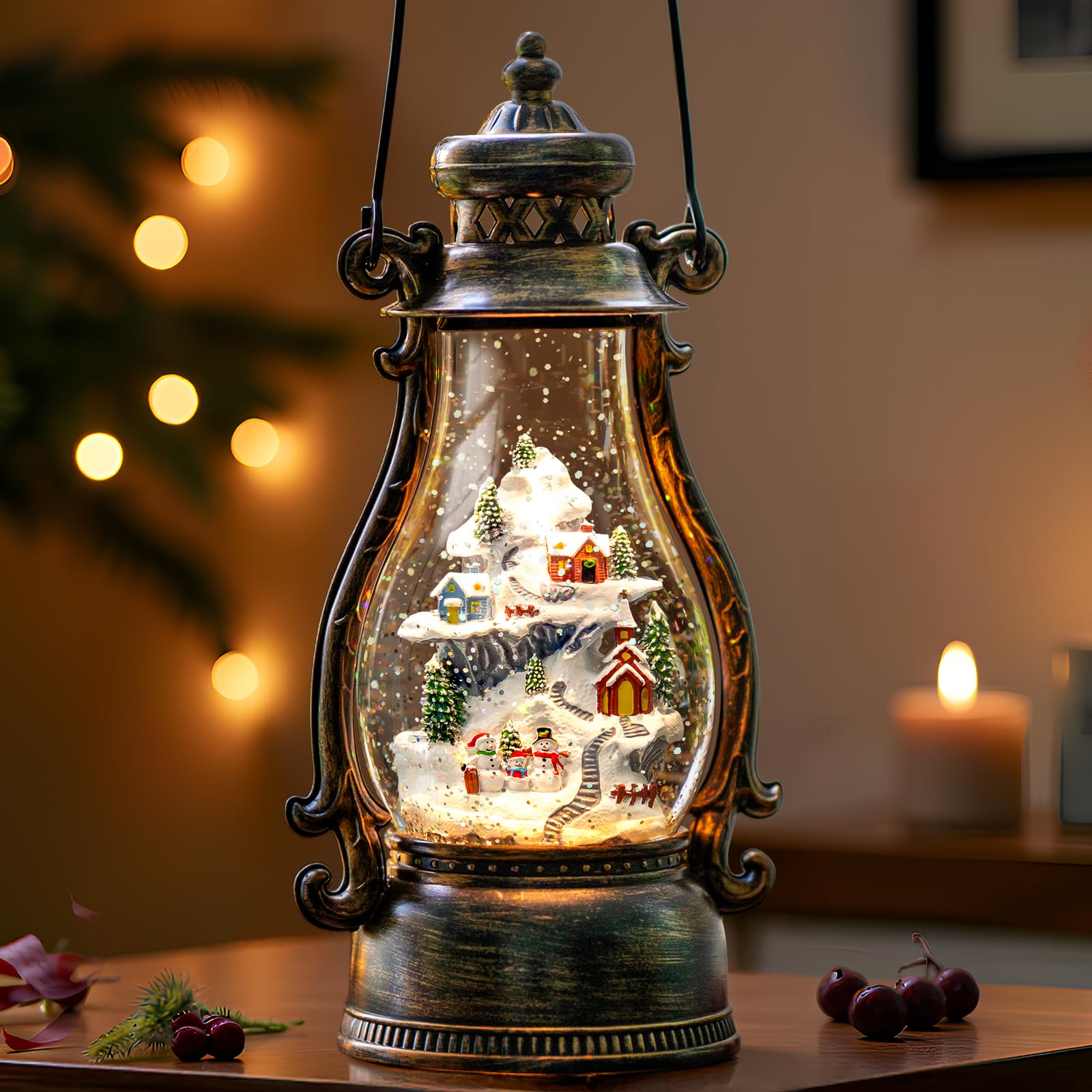 14.2" Christmas Village Buildings Tall Snow Globe Lantern Water Glittering Snowman Family with Music &amp; Timer, USB Lined/Battery Operated Lighted Lantern for Christmas Festival Decoration Gifts